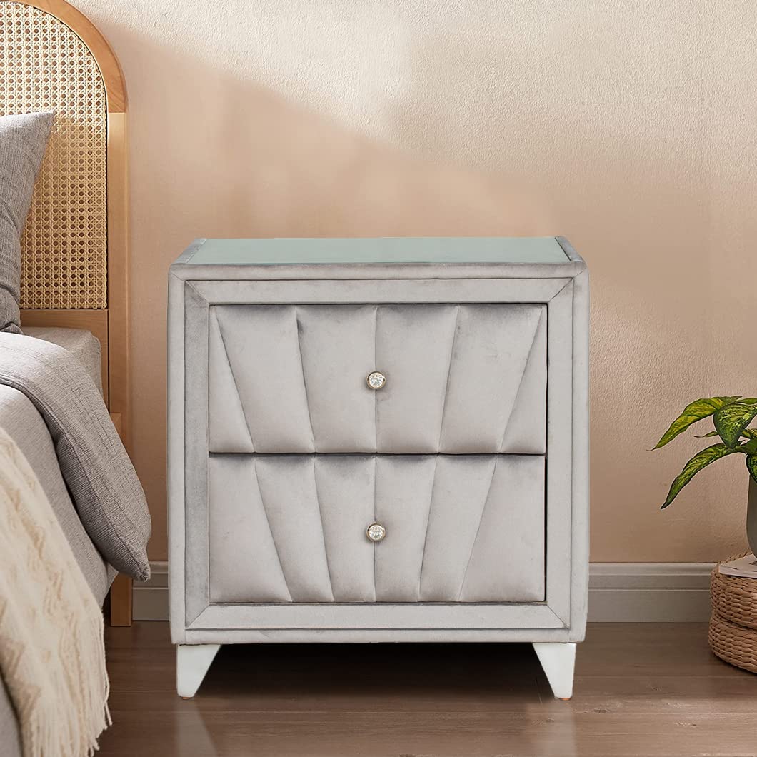Luxury Velvet Fabric Wooden Nightstand with 2 Drawers - Tufted Upholstered Bedside Table with Tempered Glass Top & Crystal Handles - Modern Storage Nightstand for Bedroom, Living Room, Guest Room - Silver Grey - Perfect for Small Spaces & Apartment Decor