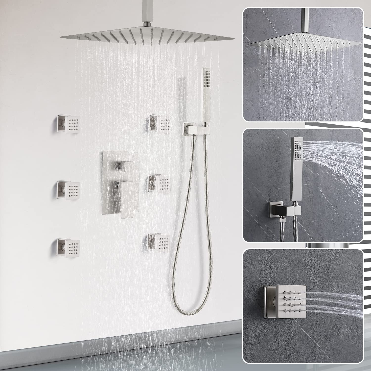 Enga 12 Inch Ceiling Mounted Rain Shower System with Body Jets & Handheld Spray - Brushed Nickel Brass Full Body Massage Spa Shower Set with Rough-in Valve for Luxury Bathroom & Spa Experience