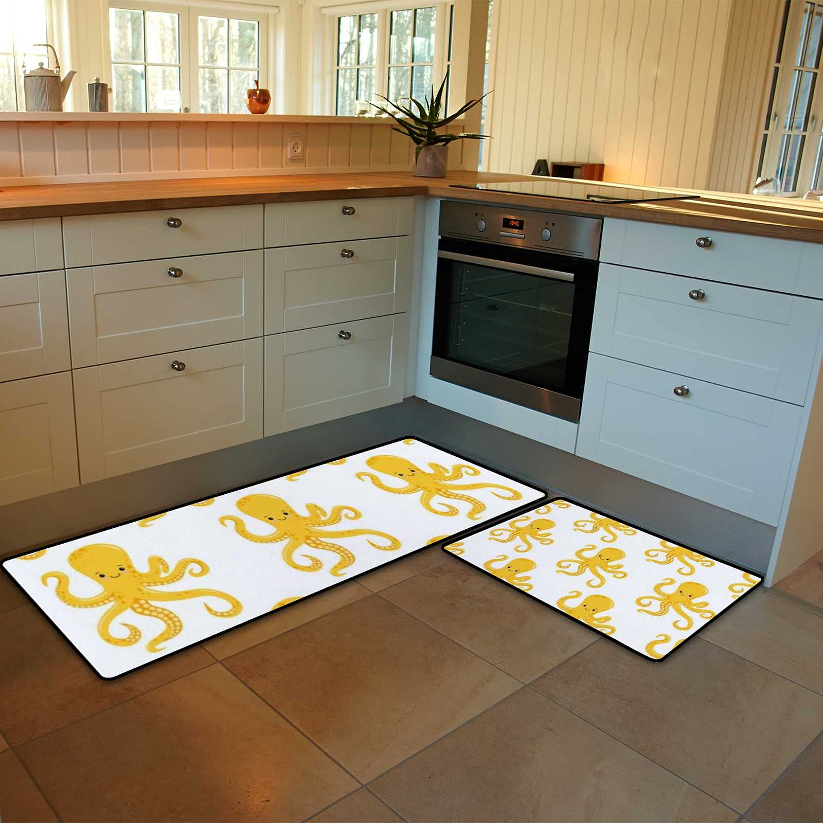 Non-Slip Coral Velvet Kitchen Rugs Set - 2 Piece Cute Octopus Design Absorbent Washable Floor Mats (17.7x29.1Inch + 17.7x58.2Inch) for Kitchen, Laundry Room & Entryway - Soft Yellow Home Decor