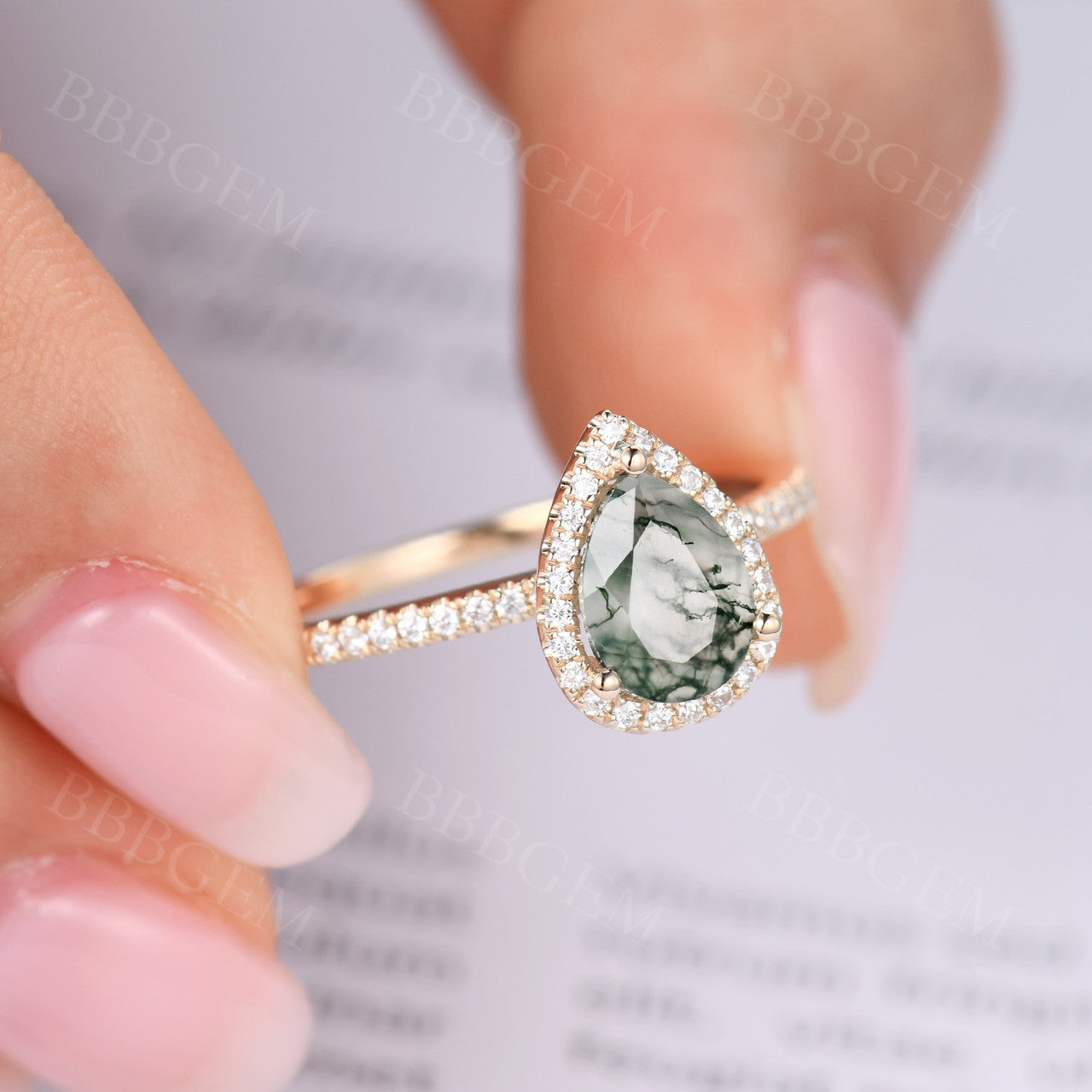Pear Moss Agate White Gold Diamond Engagement Ring - Vintage Halo Style for Wedding Proposal & Anniversary Gift