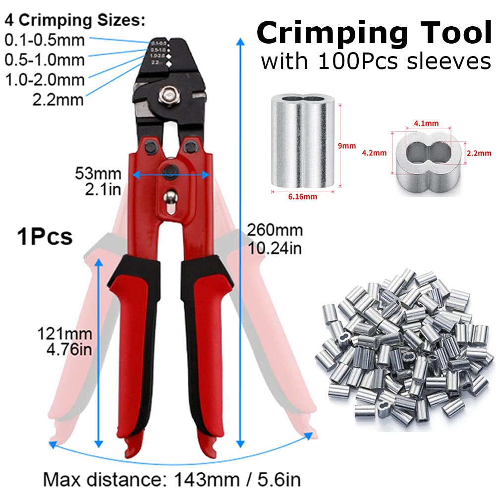 Heavy Duty Crimping Tool Kit for Wire Rope & Cable - 2.2mm Swager Crimper with 100 Aluminum Double Barrel Ferrules - Fishing, Marine, DIY & Electrical Projects - Includes Cutting Function & Loop Sleeves