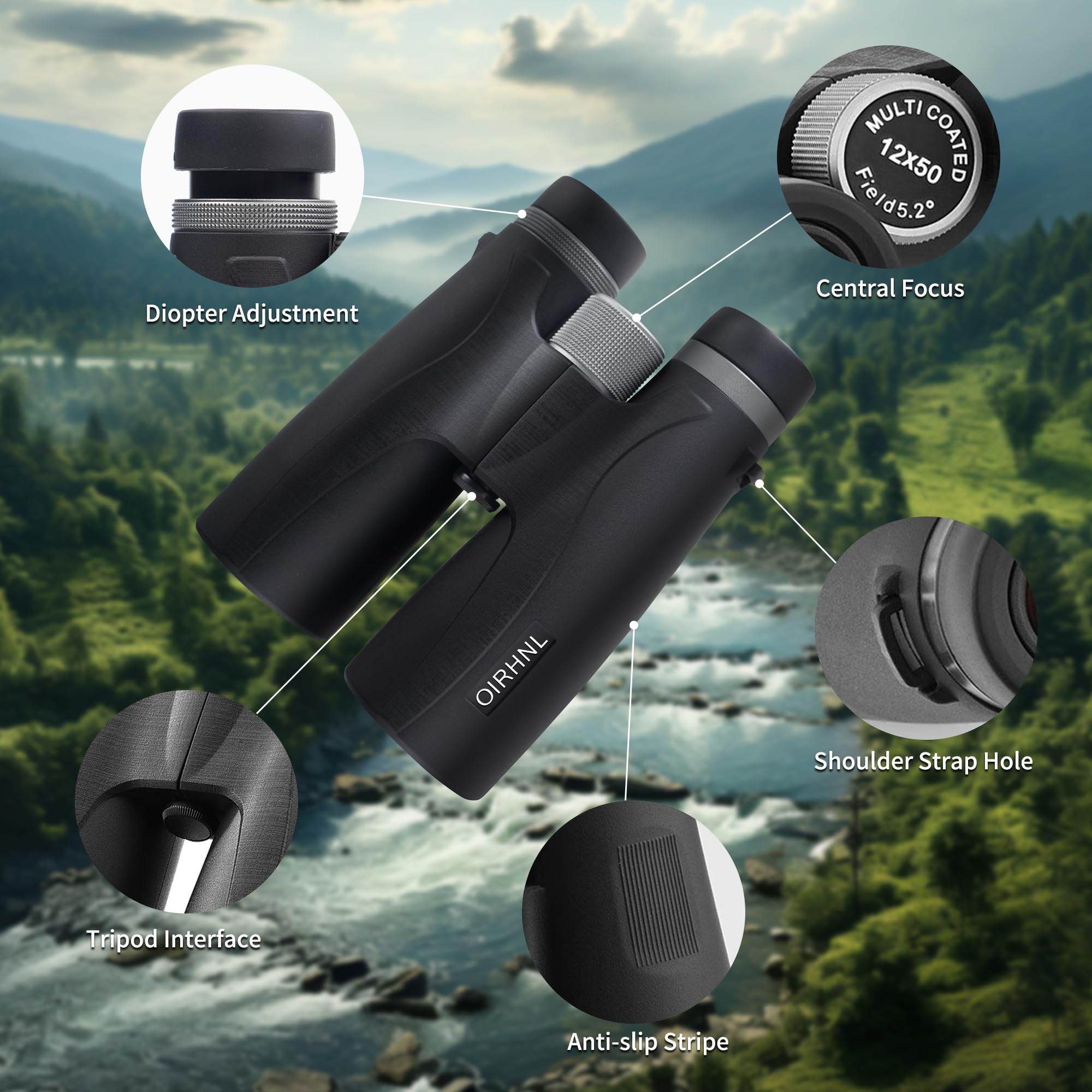 12x50 HD High Powered Binoculars for Adults - Waterproof & Fogproof Binoculars for Bird Watching, Hunting, Travel - Large View with Clear Low Light Vision - Perfect for Outdoor Adventures, Sports Events & Wildlife Observation
