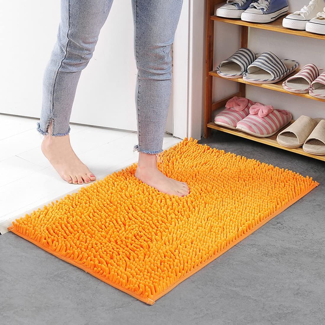 **Soft Absorbent Plush Chenille Bath Rug Mat - Non-Slip Microfiber Shower Mat for Bathroom, Bathtub & Bedroom - Machine Washable, Orange, 16
