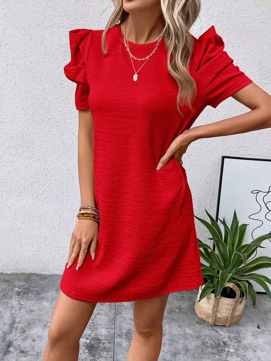 Stylish Narecte Summer Dresses for Women - Puff Sleeve Casual T-Shirt Dress, Solid Color Tunic Work Dress - Perfect for Office, Beach & Weekend Outings