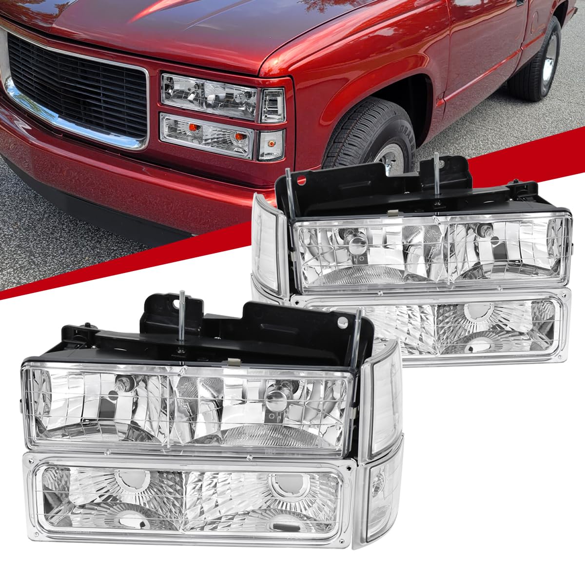 94-99 GMC C10 C/K Sierra Yukon Replacement Clear Headlights & Bumper Corner Lamps Pair - Perfect for Night Driving & Off-Road Adventures