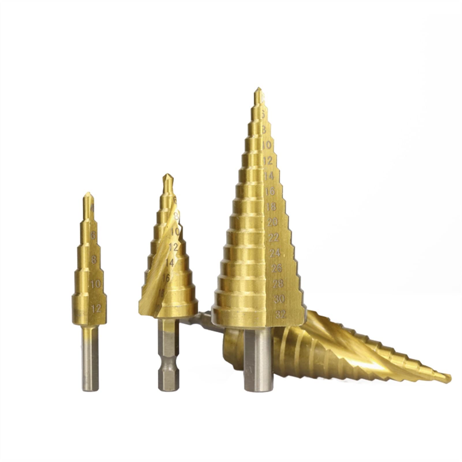 4-32mm Titanium Coated HSS Step Drill Bit Set - Pagoda Shape, Triangle Shank Hole Cutter for Metal, Wood & Plastic - Power Tool Accessories (3pcs Spiral Drill Bits) - Perfect for DIY Projects, Home Repairs & Professional Metalworking