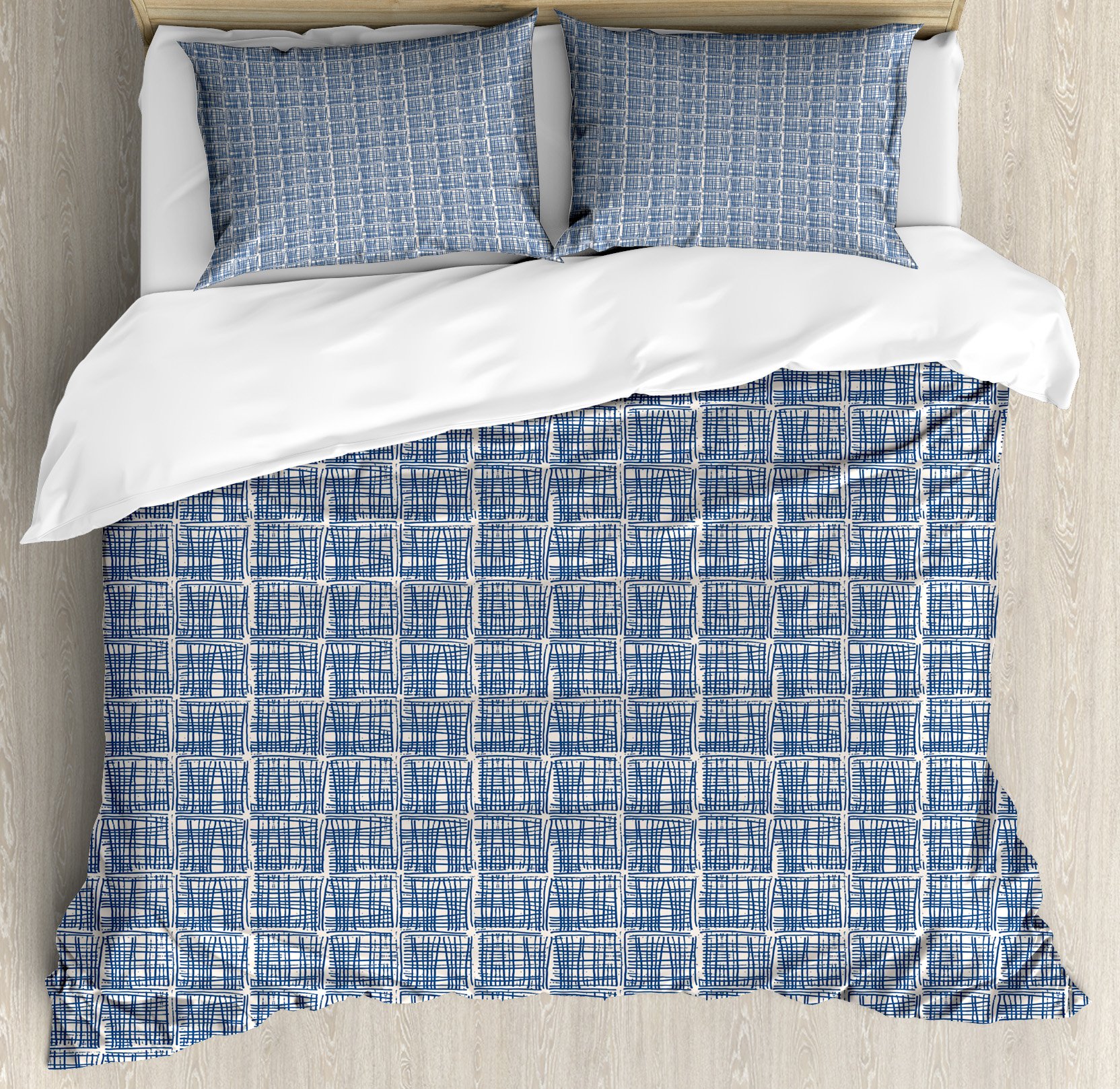 Ambesonne Ethnic Bohemian Duvet Cover Set - Hand Drawn Hippie Geometric Grid Tile Design with Stripes, 3 Piece Queen Size Bedding Set (Duvet Cover + 2 Pillow Shams) in Navy Blue & Cream - Perfect for Boho Chic Bedroom Decor, Guest Room Makeover & Cozy Home Styling