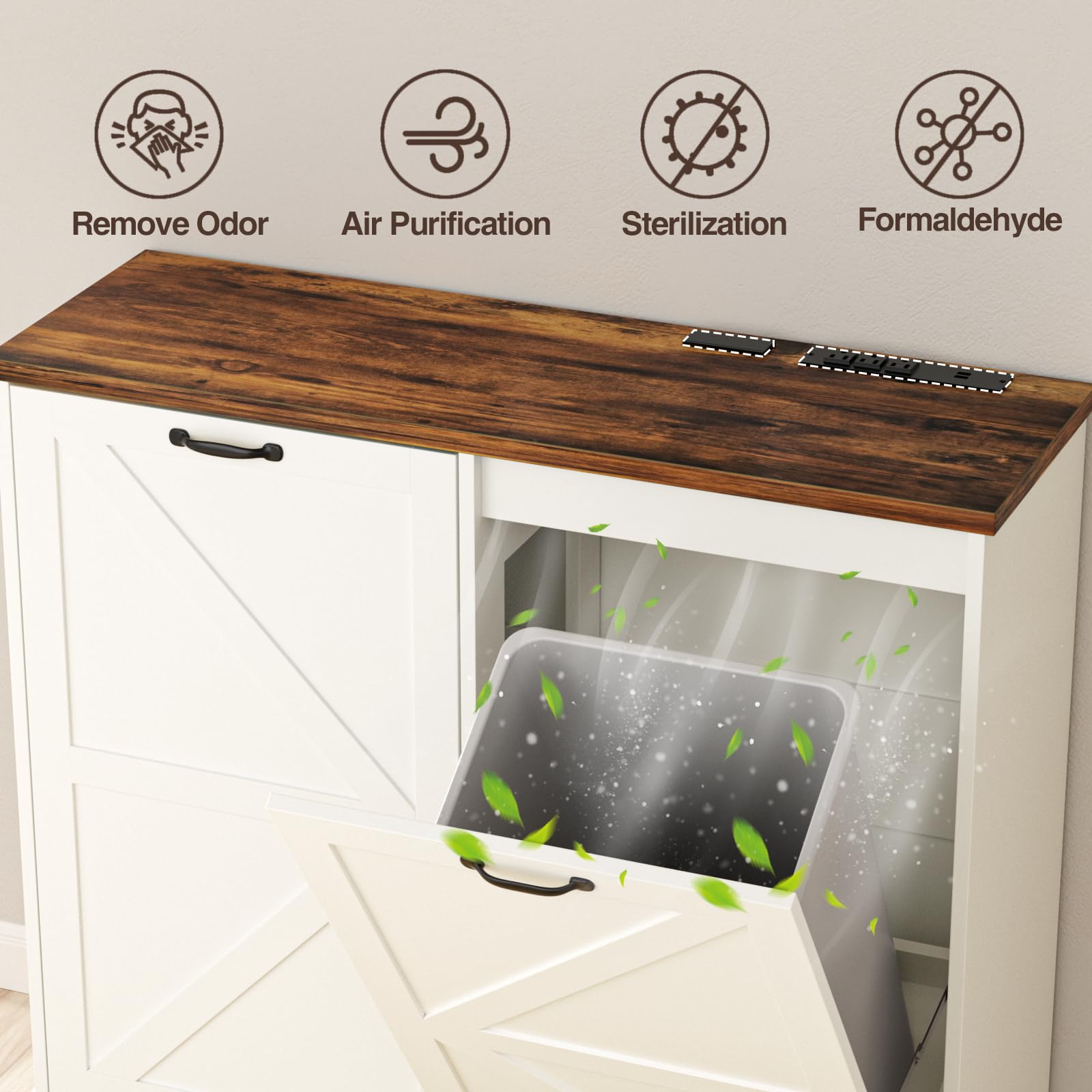 13 Gallon Double Tilt Out Trash Can Cabinet with Deodorizer - Farmhouse Style Hidden Garbage Bin Storage for Kitchen & Living Room - White Wooden Waste Bin Cabinet for Home Organization