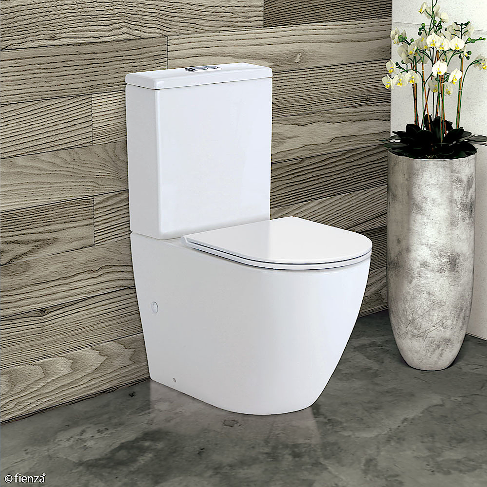 Fienza K002A 2 Koko Rimless Thin Seat S Trap 90-160mm Back to Wall Toilet - White with Chrome Buttons | Modern Water-Saving Bathroom Solution for Small Spaces & Contemporary Homes