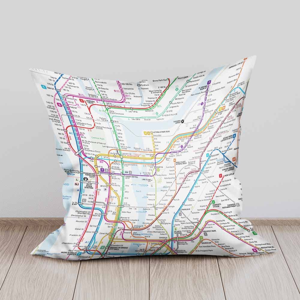 New York Subway Map Throw Pillow Covers - Soft Decorative Square Cushion Cases (Pack of 2, 18x18 Inch/45x45cm) for Sofa, Bedroom, Car - Red, Blue, Orange, Purple, Green, Pink - Perfect for Home Decor, Travel Enthusiasts & NYC Lovers