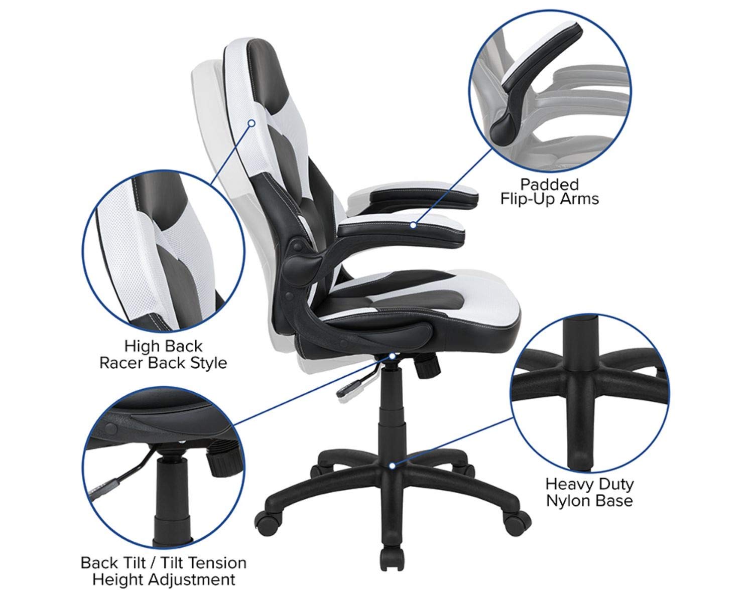 Flash Furniture Black Gaming Desk & White/Black Racing Chair Set with Cup Holder, Headphone Hook & Monitor Stand - Perfect for Esports, Streaming & Home Office Gaming Setup