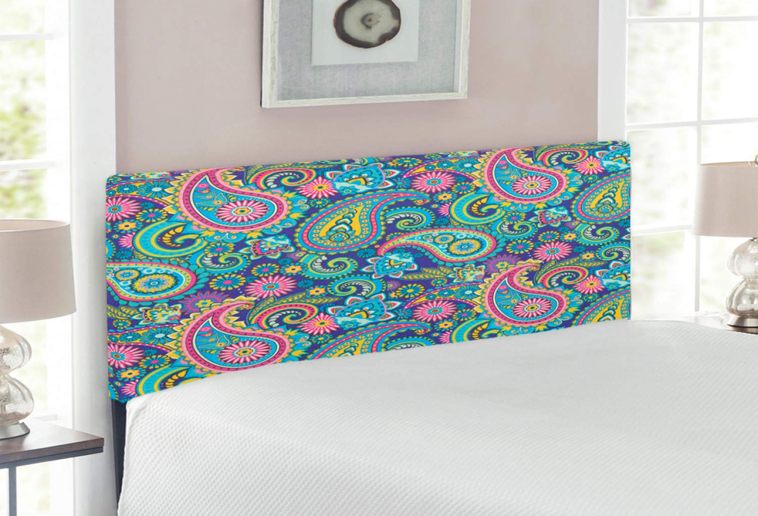 Ambesonne Bohemian Paisley Headboard - Full Size Upholstered Metal Bed Headboard with Memory Foam, Ornate Teardrop Design in Multicolor | Perfect for Bedroom Decor & Guest Room Styling