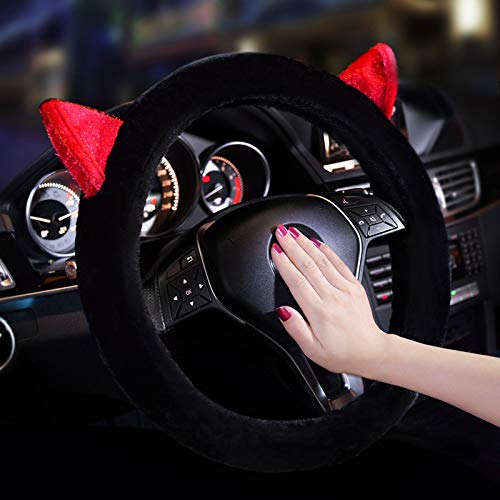 Fluffy Cat Ears Steering Wheel Cover - Universal Fit for Cars, Trucks & SUVs - Soft Plush Cover for Women & Girls (Red) - Cute Car Accessory for Daily Commute & Road Trips