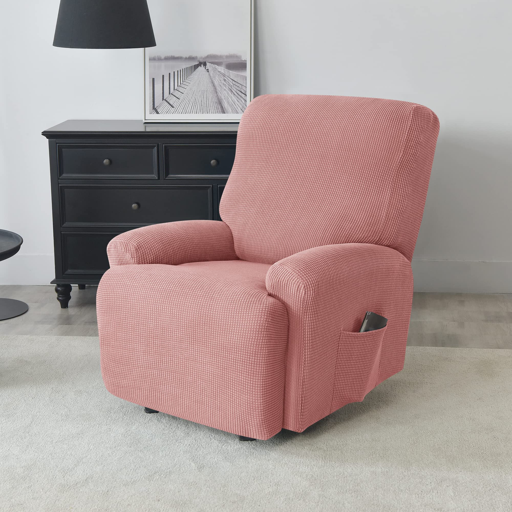 CONRUSER Stretch Recliner Cover - 4-Piece Thick Jacquard Sofa Slipcover for Single Seat Recliners, Soft & Durable Furniture Protector (Pink) - Perfect for Living Room, Home Theater & Office Use