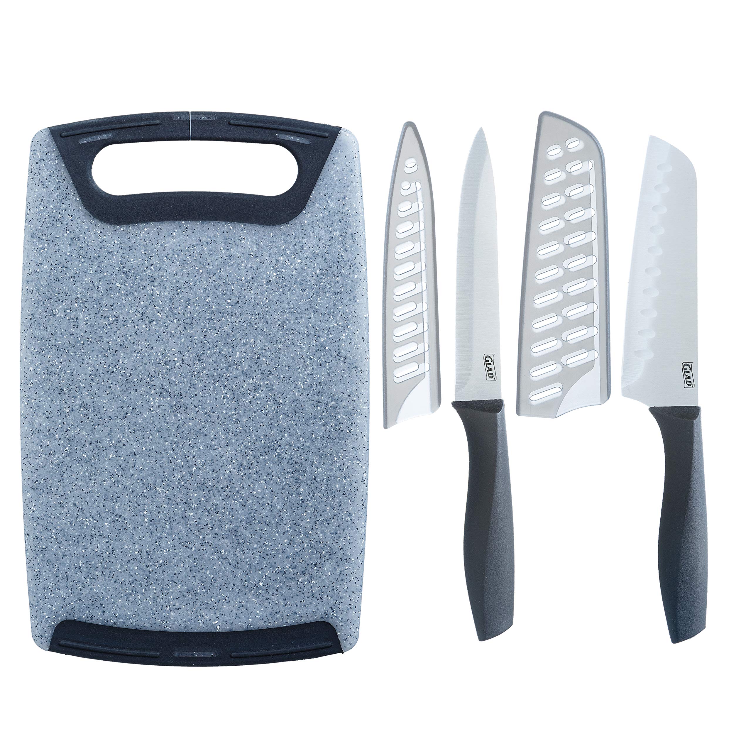 Premium 5-Piece Knife Set with Cutting Board - Includes Sharp Santoku & Utility Knives with Blade Covers & Durable Plastic Chopping Block - Perfect for Kitchen Cooking, Meal Prep & Food Chopping - Gray Color