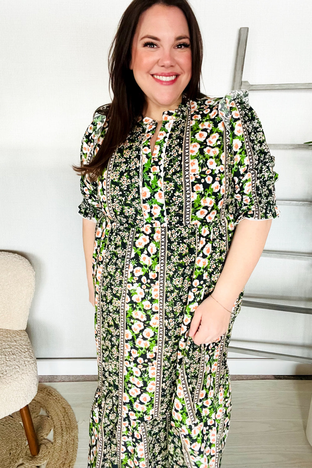 Elegant Black & Green Ruffled Notch Neck Babydoll Smocked Midi Dress for Women | Flowy Summer Dress for Date Night, Garden Party & Special Occasions