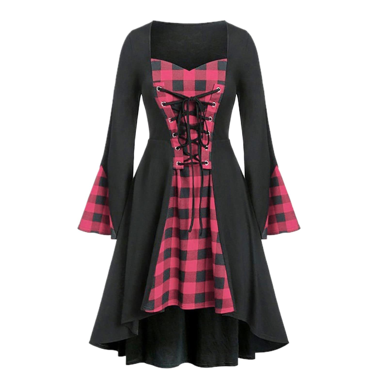 HAOREEKZ Women's Fall Wedding Guest Dress - Fashion Plaid Tie Long Sleeve Loose Fit Plus Size Stitching Robe Dress for Autumn Parties, Holiday Events & Special Occasions