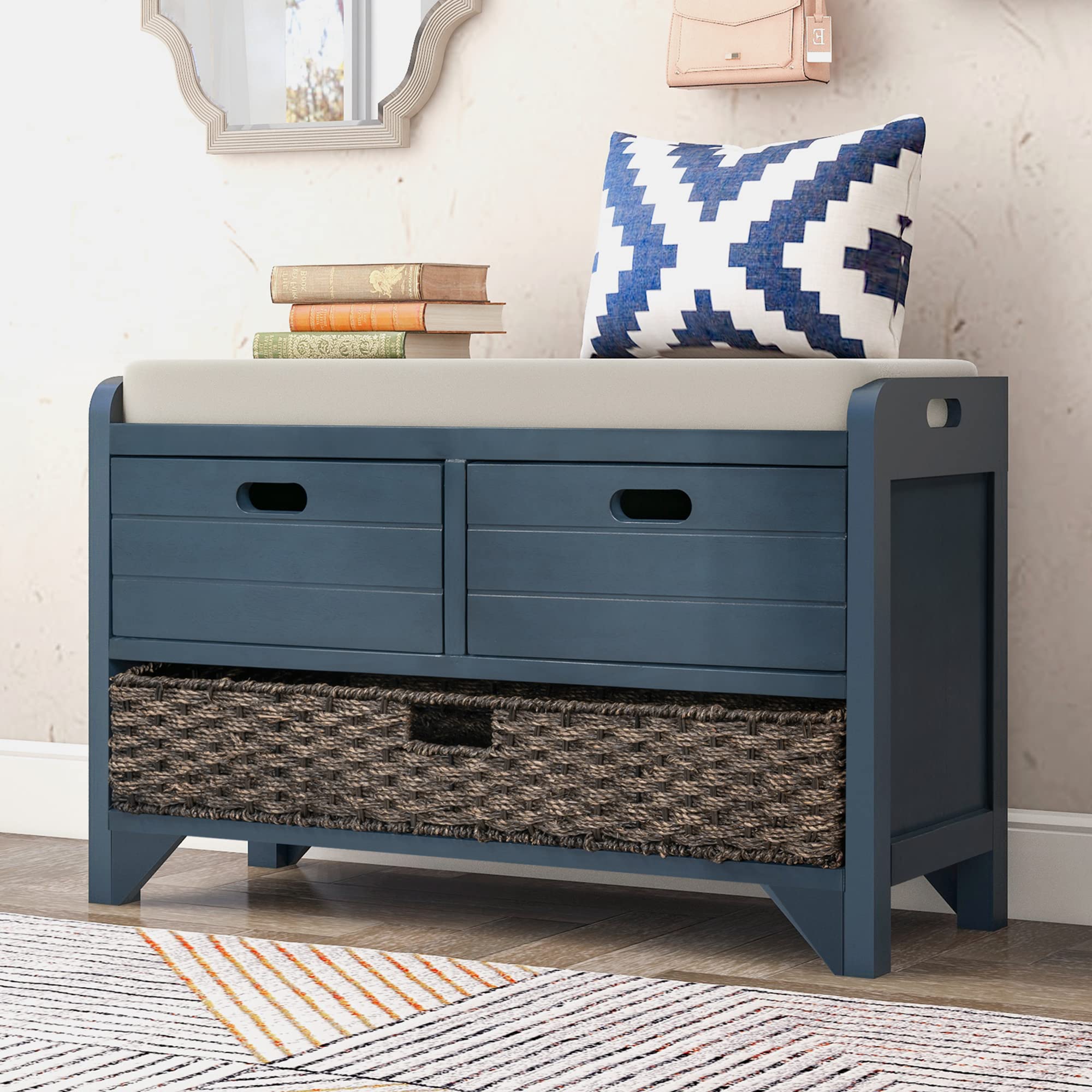 P PURLOVE Entryway Storage Bench with 2 Drawers & Removable Basket - Shoe Bench with Cushion for Hallway, Living Room, Bedroom - Fully Assembled Navy Blue - Perfect for Organizing Shoes, Coats & Home Decor