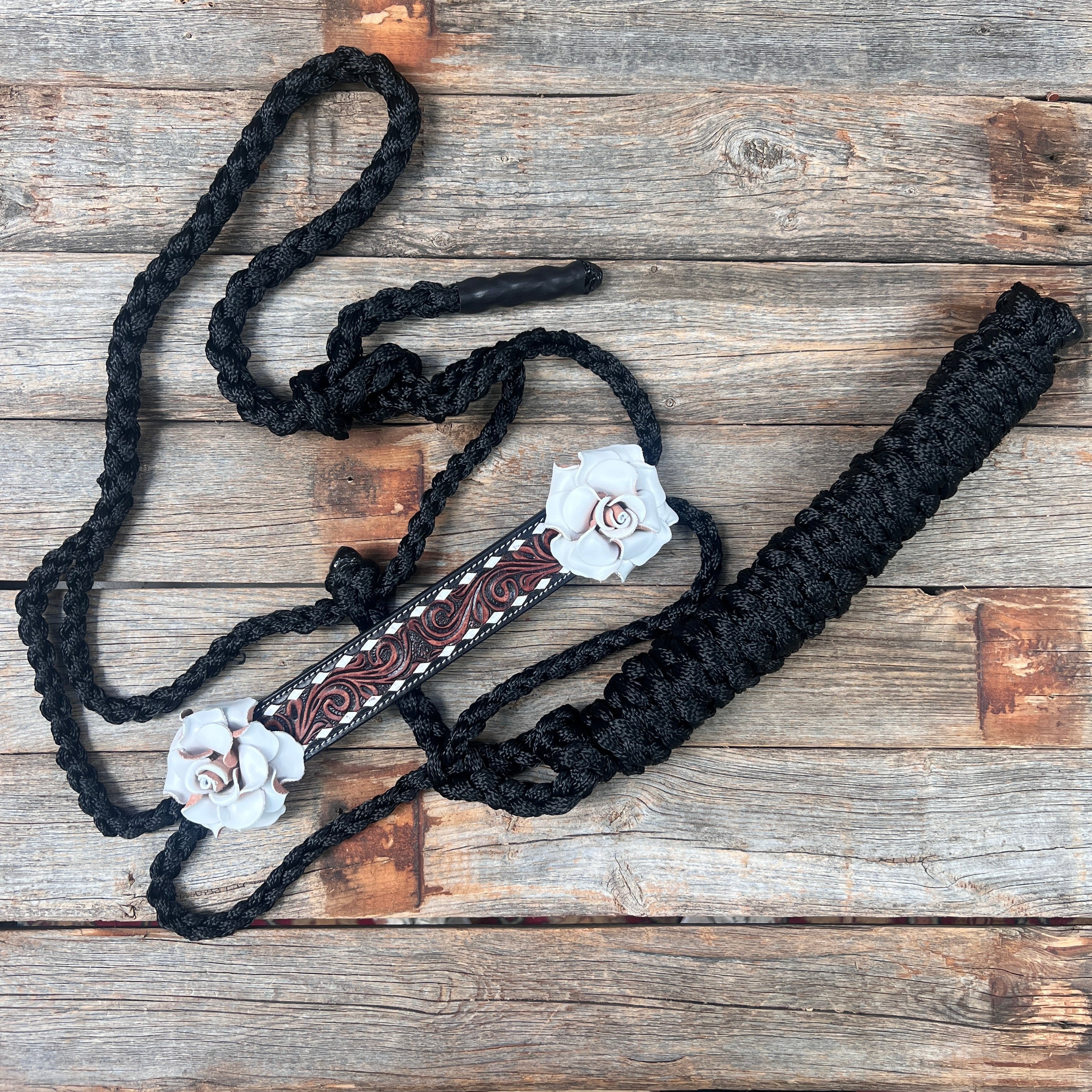 Black Mule Tape Halter with White Rose Design #MT239 - Perfect for Equestrian Training, Horse Shows & Riding Competitions