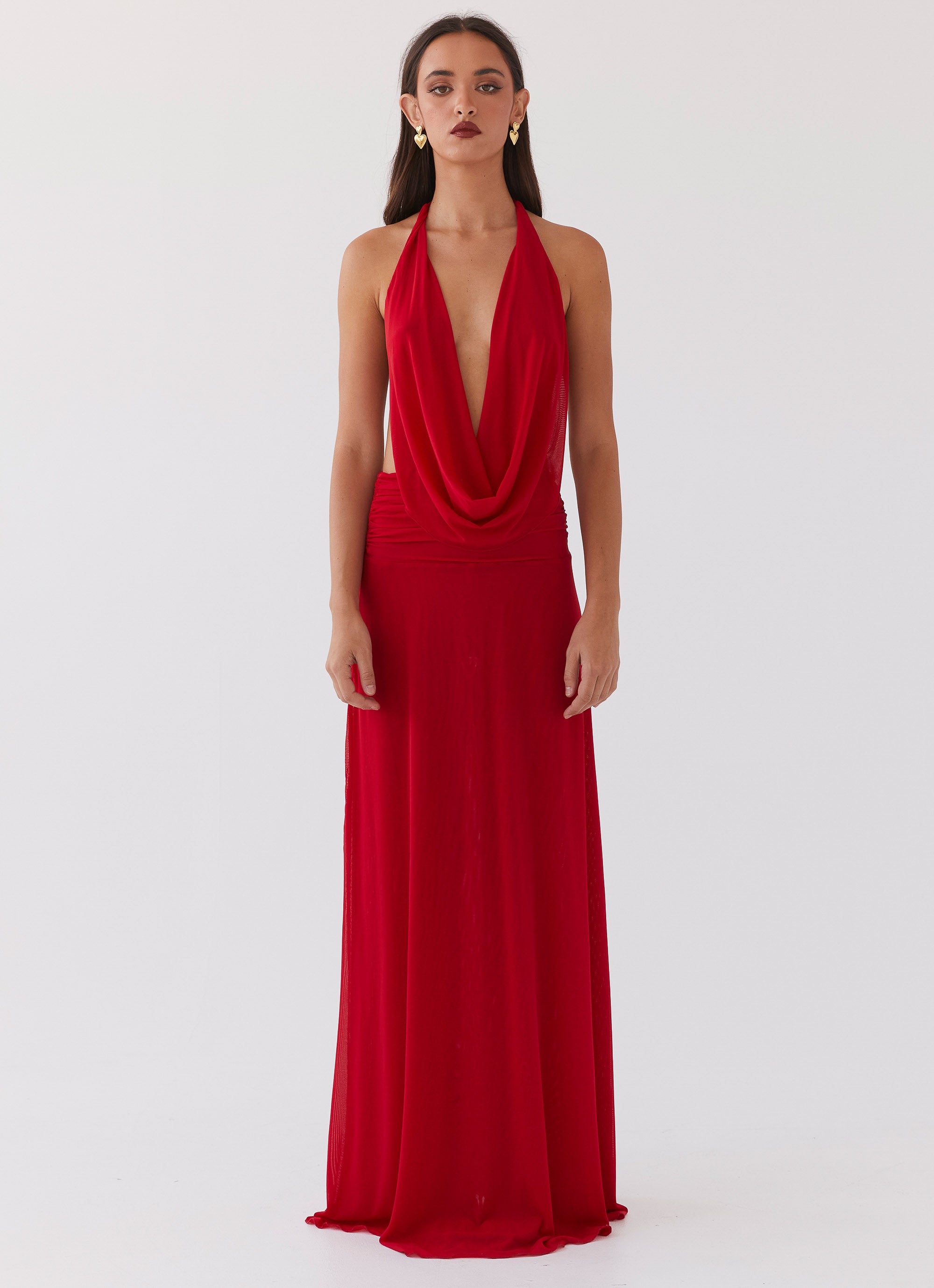 Elysia Mesh Maxi Dress - Flowy Long Sleeve Summer Dress for Women in Cherry Red | Perfect for Beach Vacations, Date Nights & Casual Outings
