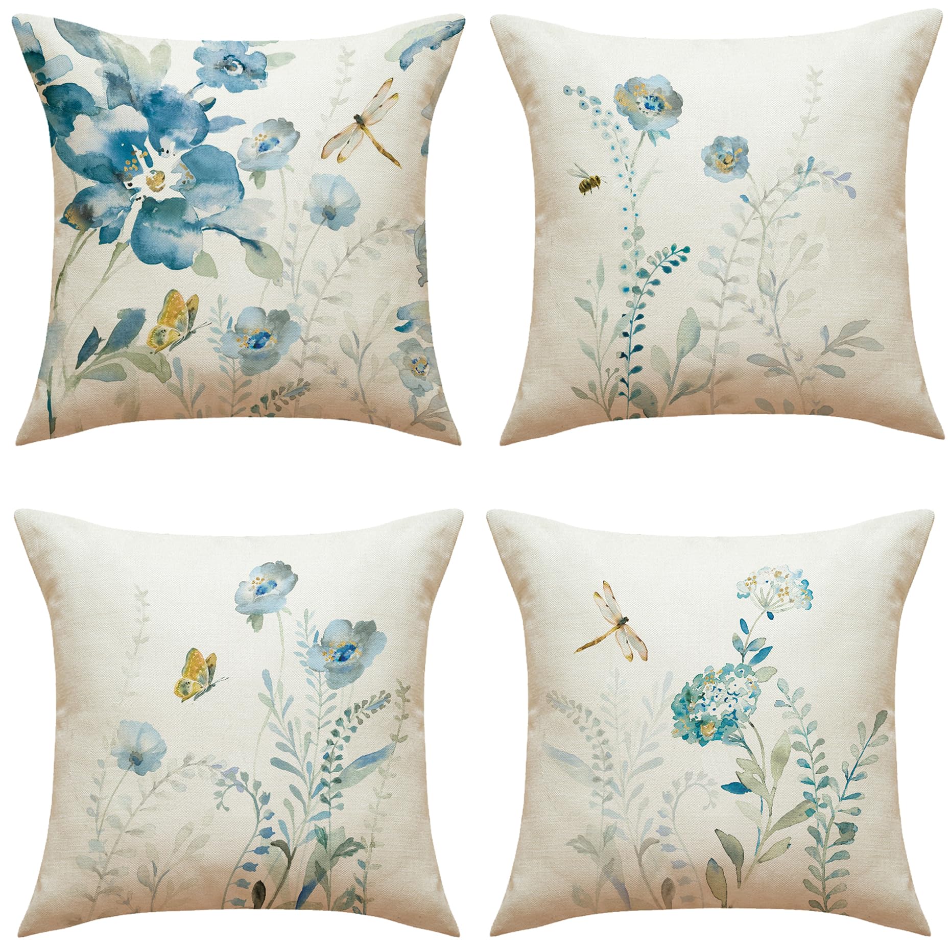 WOMHOPE 18x18 Inch Burlap Throw Pillow Covers - Pack of 4, Blue Floral Bird Butterfly Design for Sofa, Couch & Home Decor | Perfect for Living Room, Bedroom & Seasonal Decoration