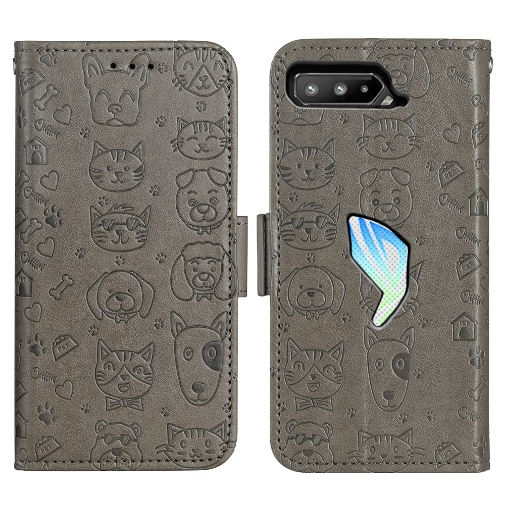 Premium Leather Wallet Case with Wrist Strap & Card Holder for ASUS ROG Phone 5/5 Pro/5s/5s Pro/5 Ultimate - Flip Stand Cover with Lanyard (Grey) - Perfect for Gaming, Travel & Everyday Protection