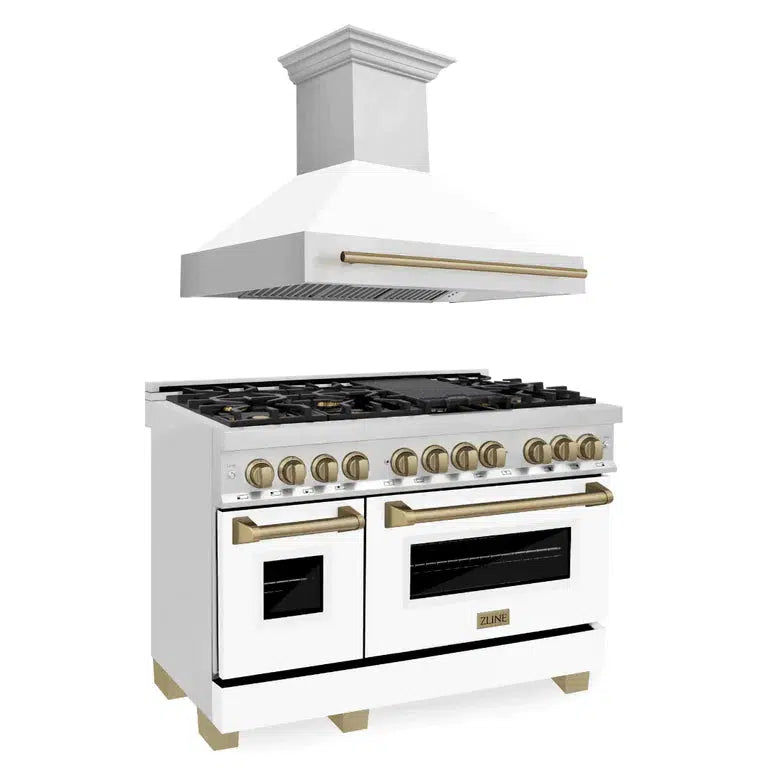 ZLINE Autograph Edition 48-inch Stainless Steel Dual Fuel Range with White Matte Door & Range Hood - Champagne Bronze Accents (2AKP RAWMRH48 CB) | Professional Kitchen Package for Modern Homes & Gourmet Cooking