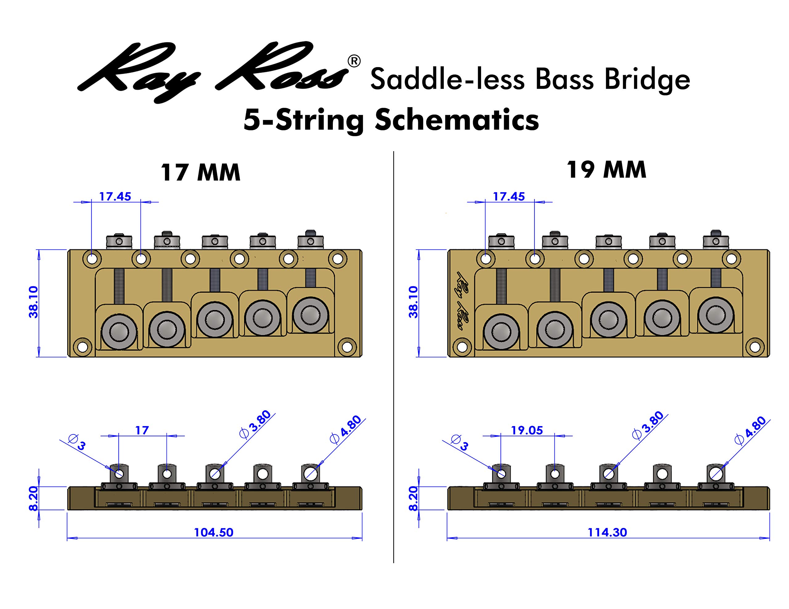 Ray Ross Saddle-Less 5-String Bass Bridge - 19mm Gold String Spacing - Premium Upgrade for Bass Guitars - Perfect for Jazz, Rock & Studio Recording