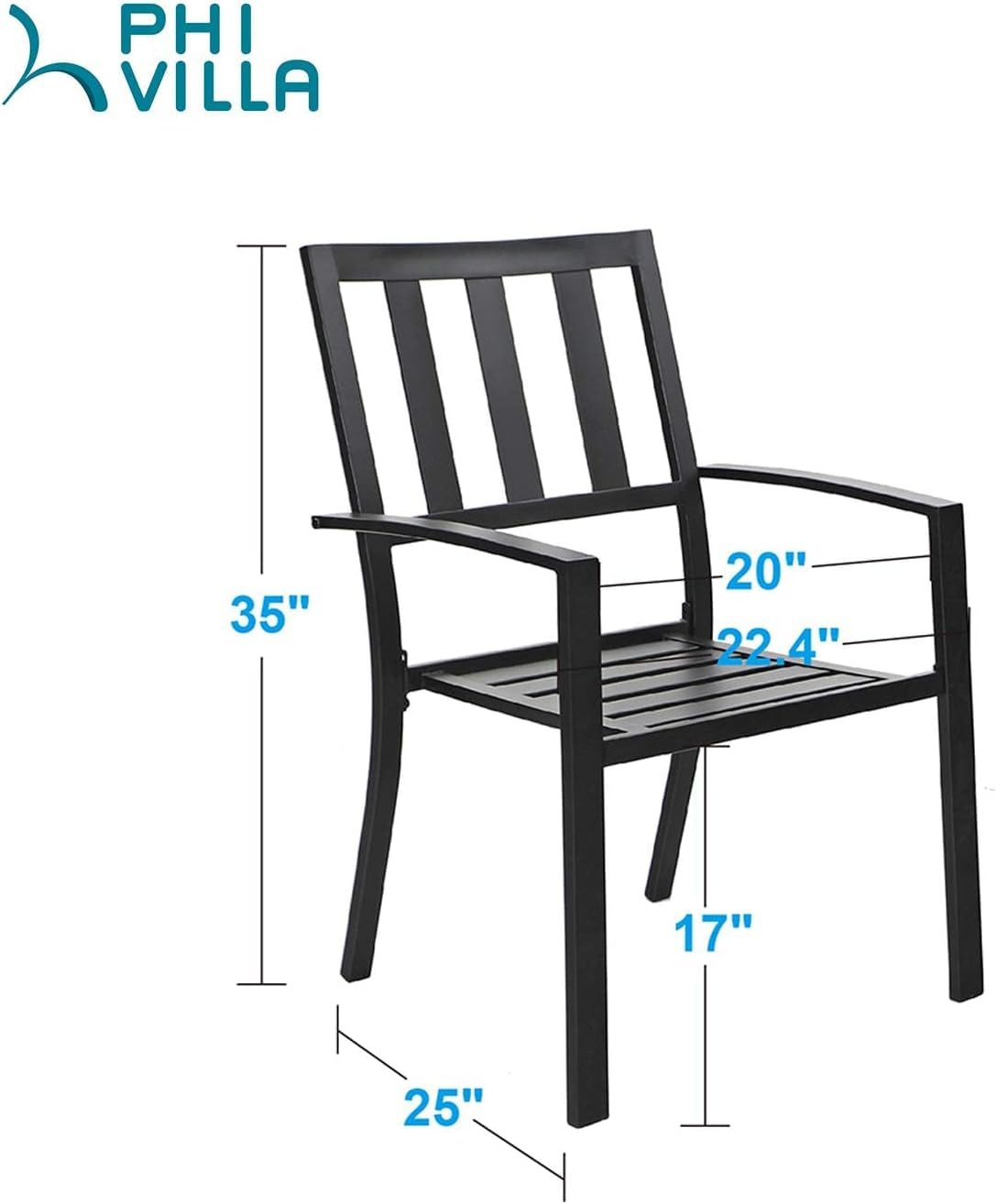 PHI VILLA Wrought Iron Patio Dining Chairs - Set of 2 Stackable Black Metal Bistro Chairs for Indoor & Outdoor Use, Garden, Lawn, Deck - Supports 300 lbs - Perfect for Backyard Dining, Poolside Relaxation, and Outdoor Entertaining