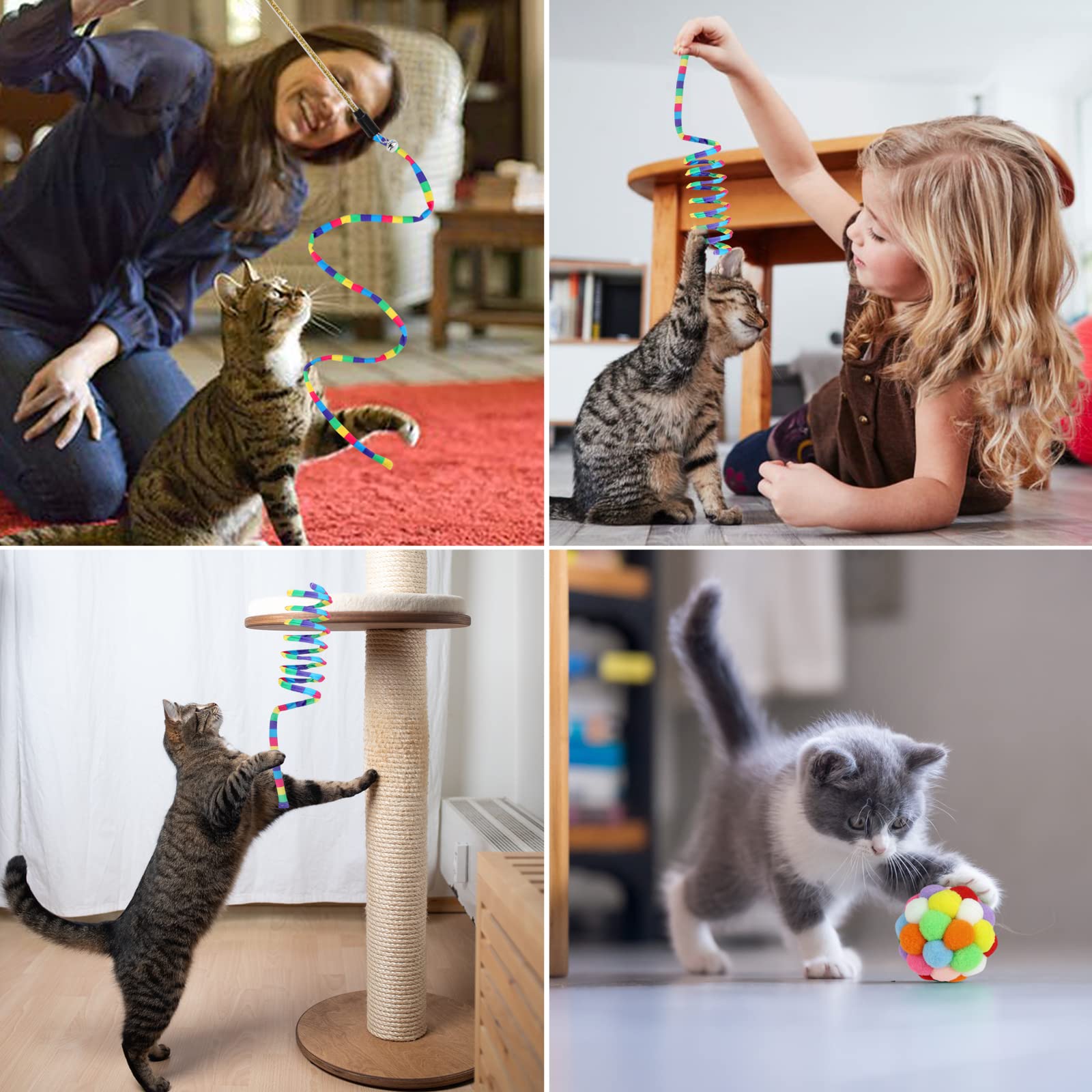 **TUSATIY 3-Pack Cat Toys Set - Interactive Cat Wand with Fuzzy Balls, Bells & Springs - Rainbow Color Toys for Indoor Cats & Kittens - Perfect for Playtime, Exercise & Bonding**
