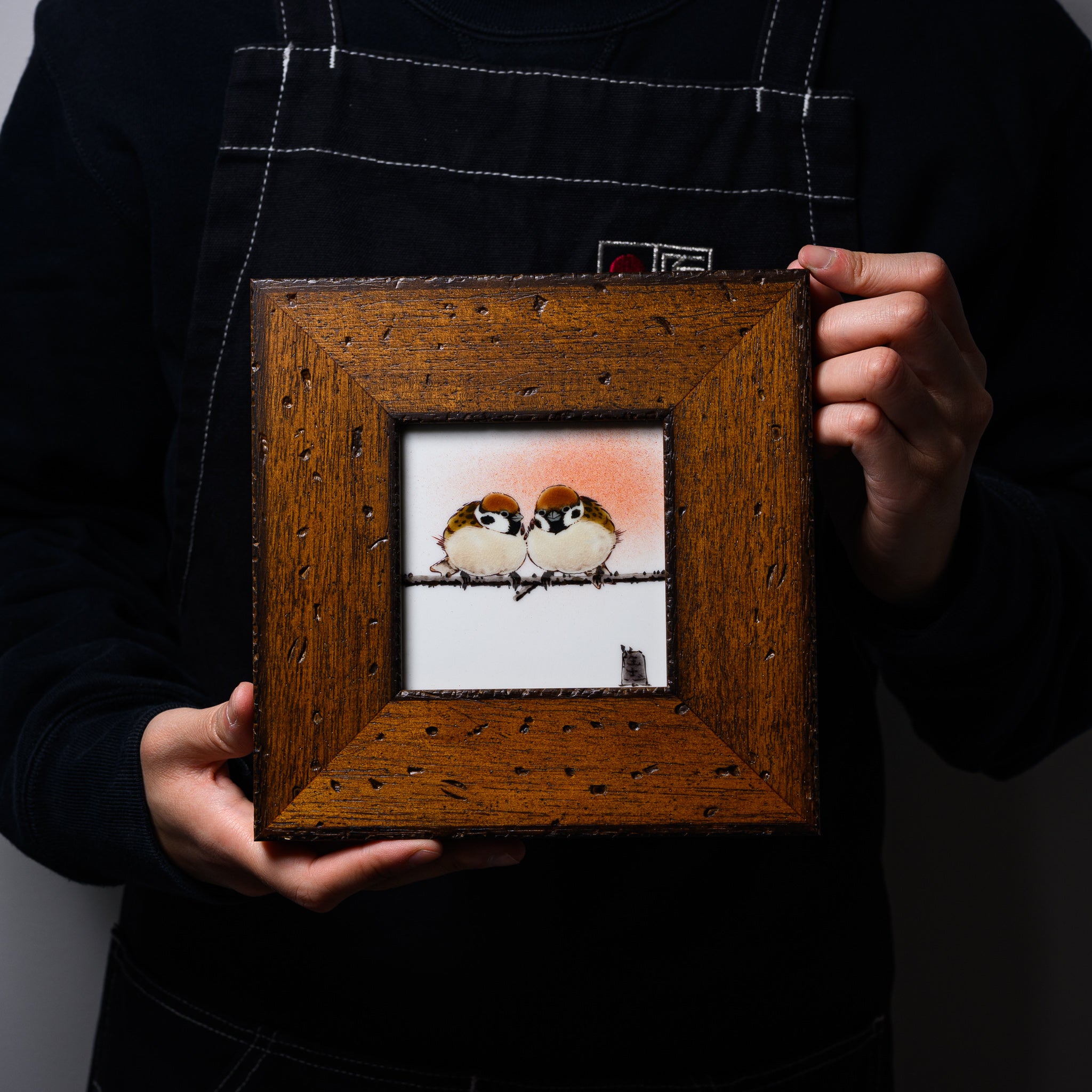 Kutani Ware Framed Porcelain Artwork - Toshito Nakamura Friendly Sparrow Japanese Handcrafted Ceramic Wall Decor | Perfect for Home, Office & Gift Giving