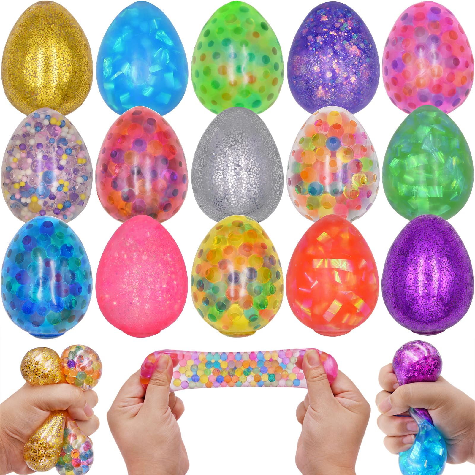 15 Pack Easter Eggs Stress Balls - Squishy Toys for Easter Egg Hunt, Party Favors, Basket Stuffers & Gifts - Fun Sensory Fidget Toys for Kids & Adults - Perfect for Easter Celebrations, Classroom Rewards, and Stress Relief