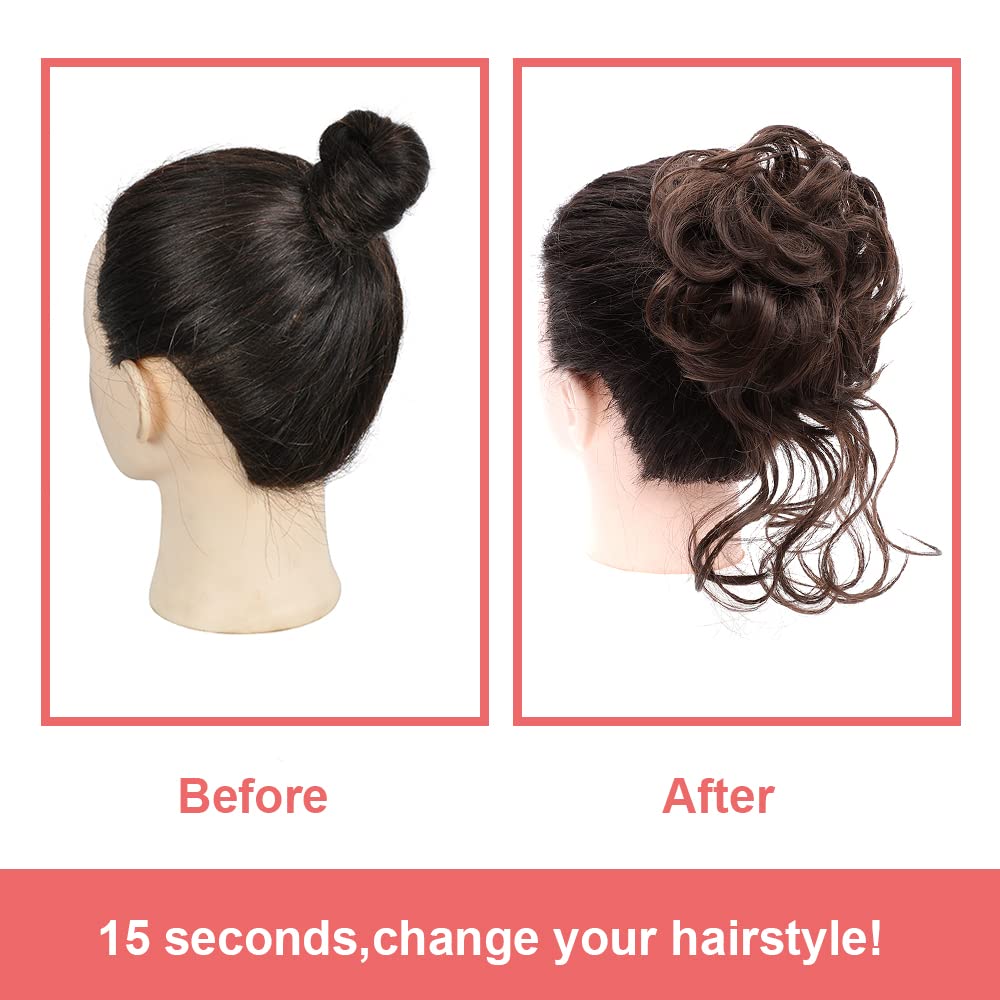 KETHBE Messy Bun Hair Piece - Tousled Updo Hair Extension, Elastic Hair Band & Scrunchie for Women (Dark Brown) - Perfect for Casual Outings, Weddings & Everyday Hairstyles