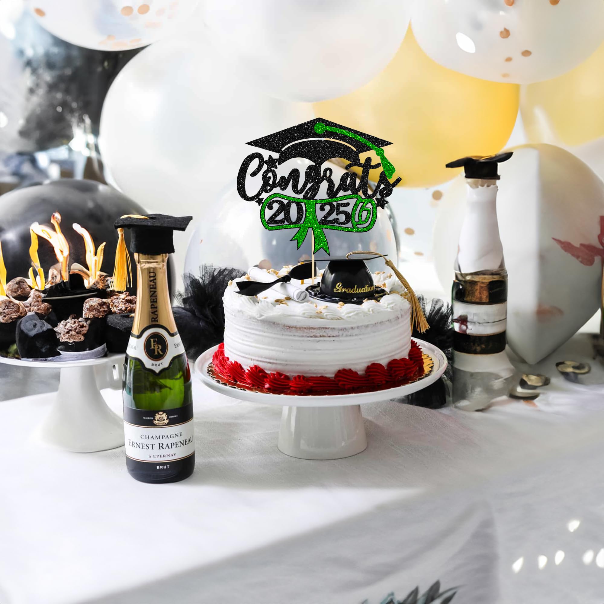 2025 Graduation Cake Topper - Green Glitter Congrats Grad Cap & Diploma Decor for Graduation Party Supplies | Perfect for 2025 Graduation Cakes, Cupcakes & Dessert Table Decorations