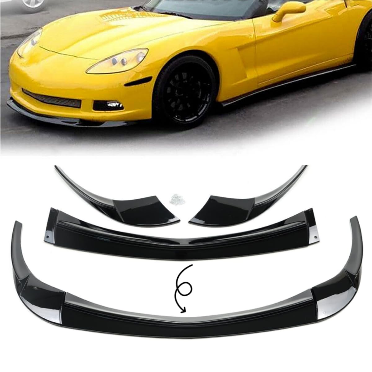 Glossy Black Front Bumper Lip Splitter (3-Piece Set) - Compatible with 2005-2013 Chevy Corvette C6 Base Models | Enhance Style & Aerodynamics for Street Racing & Car Shows