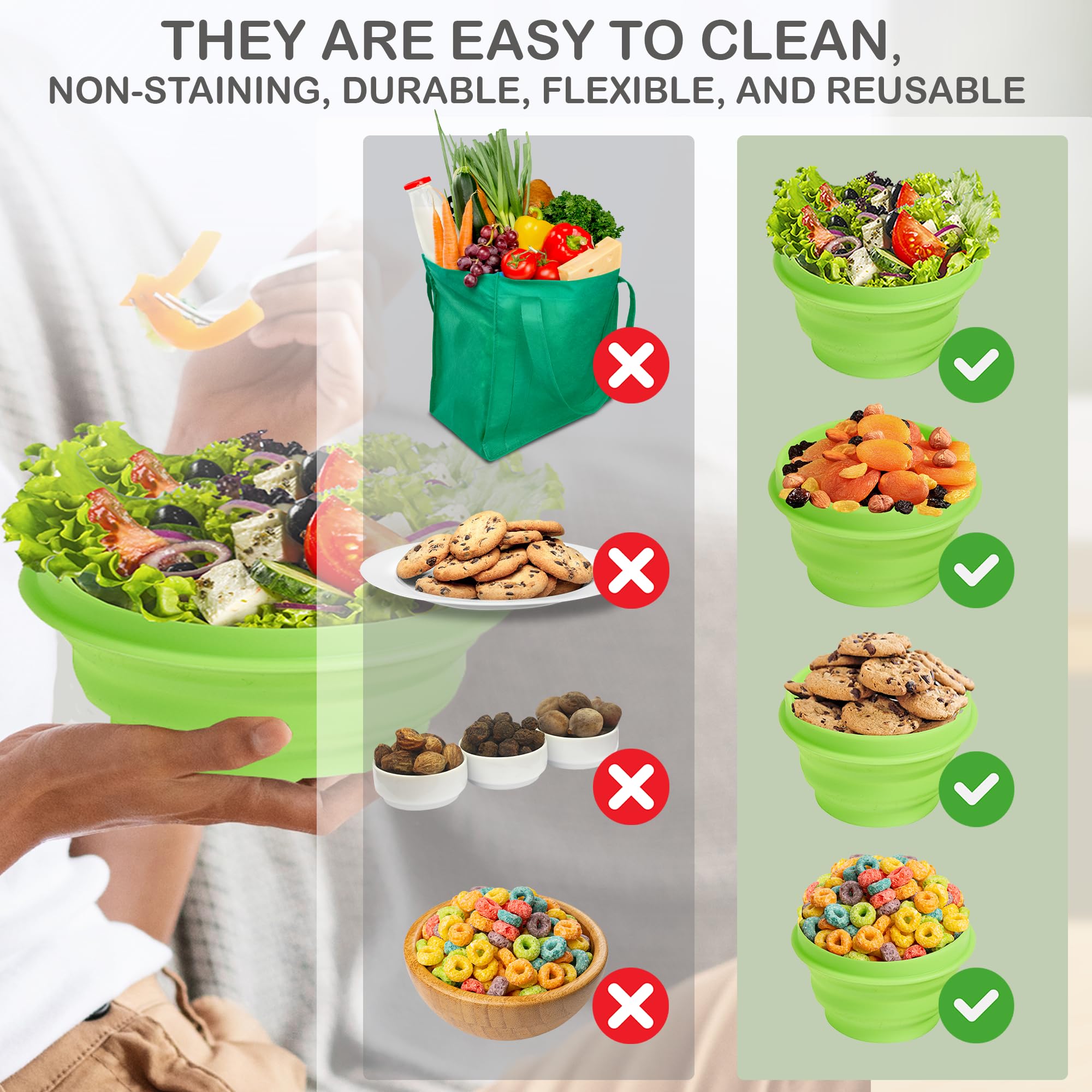 Collapsible Silicone Mixing Bowl - BPA-Free, Microwave & Dishwasher Safe, Non-Stick & Easy Clean Foldable Food Storage Container for Travel, Camping, Hiking - Perfect for Meal Prep, Picnics & Outdoor Cooking - 300ml, Green
