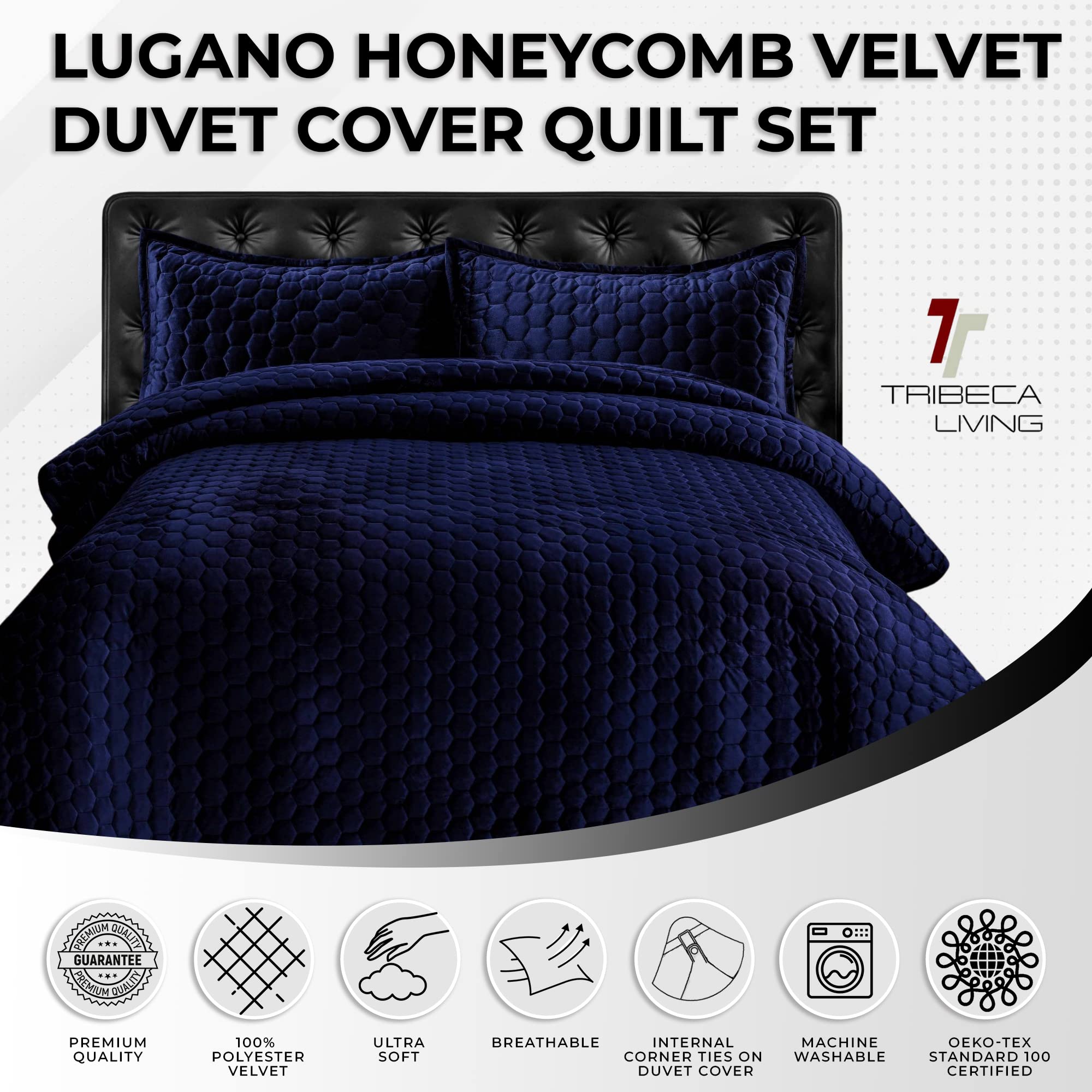 Tribeca Living Velvet Twin Quilt Set - Ultra Soft 260GSM Honeycomb Stitch Bedding with Oversized Quilt & Sham Pillowcase, Navy Blue - Perfect for Cozy Bedrooms, Guest Rooms & Dorm Decor