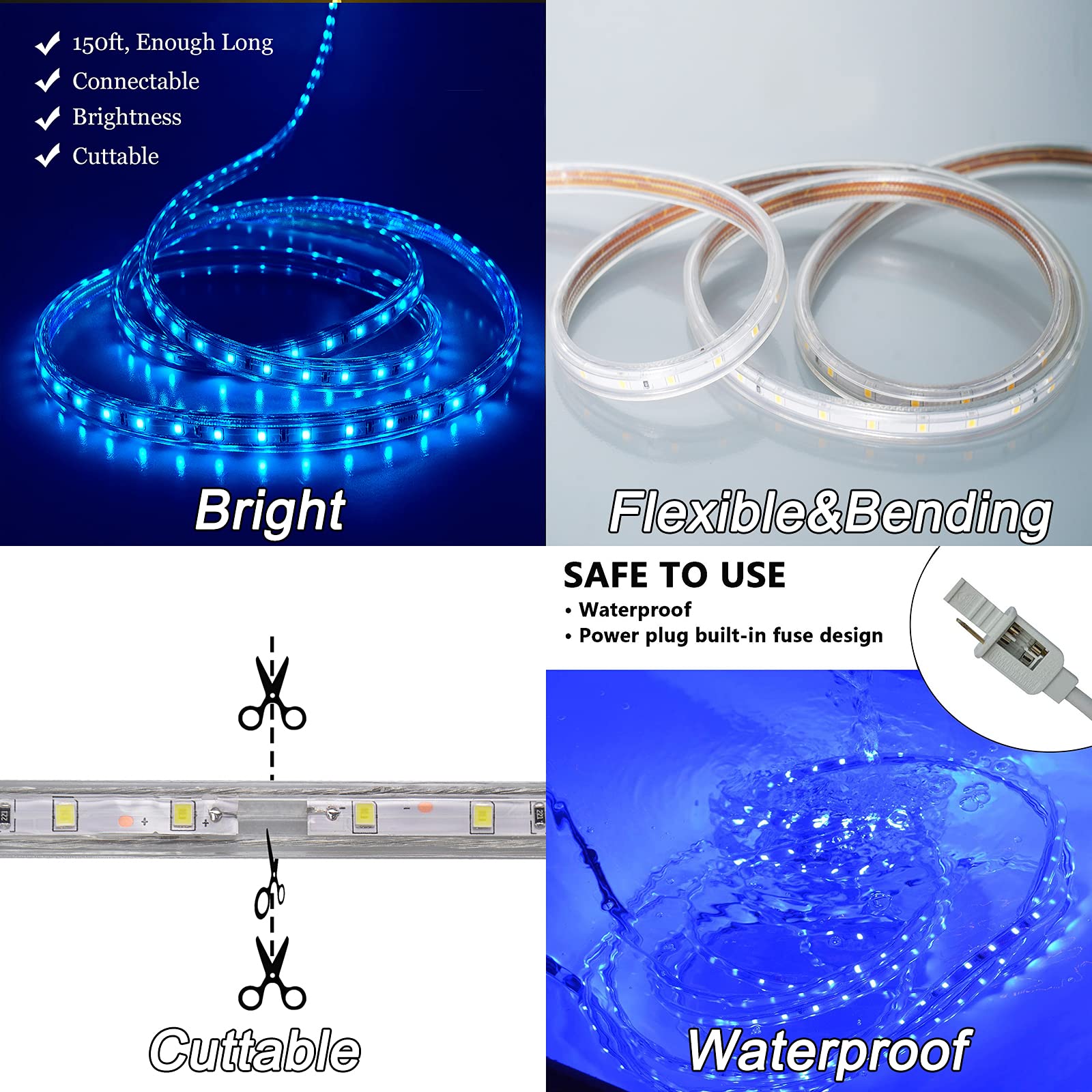 SURNIE 150ft Waterproof LED Strip Lights Outdoor - Blue 110V Cuttable Connectable Rope Lighting for Bedroom, Stairs, Wedding, Backyard, Pool - Perfect for Party Decor, Landscape Lighting & Holiday Displays