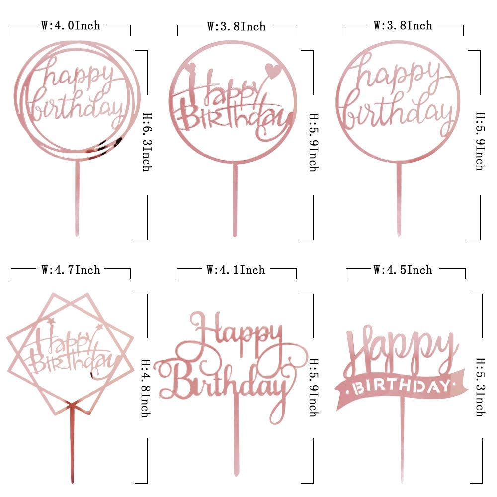 6PCS Rose Gold Happy Birthday Cake Topper Acrylic - Elegant Birthday Party Decorations, Cake Decor Supplies for Weddings, Baby Showers & Anniversary Celebrations