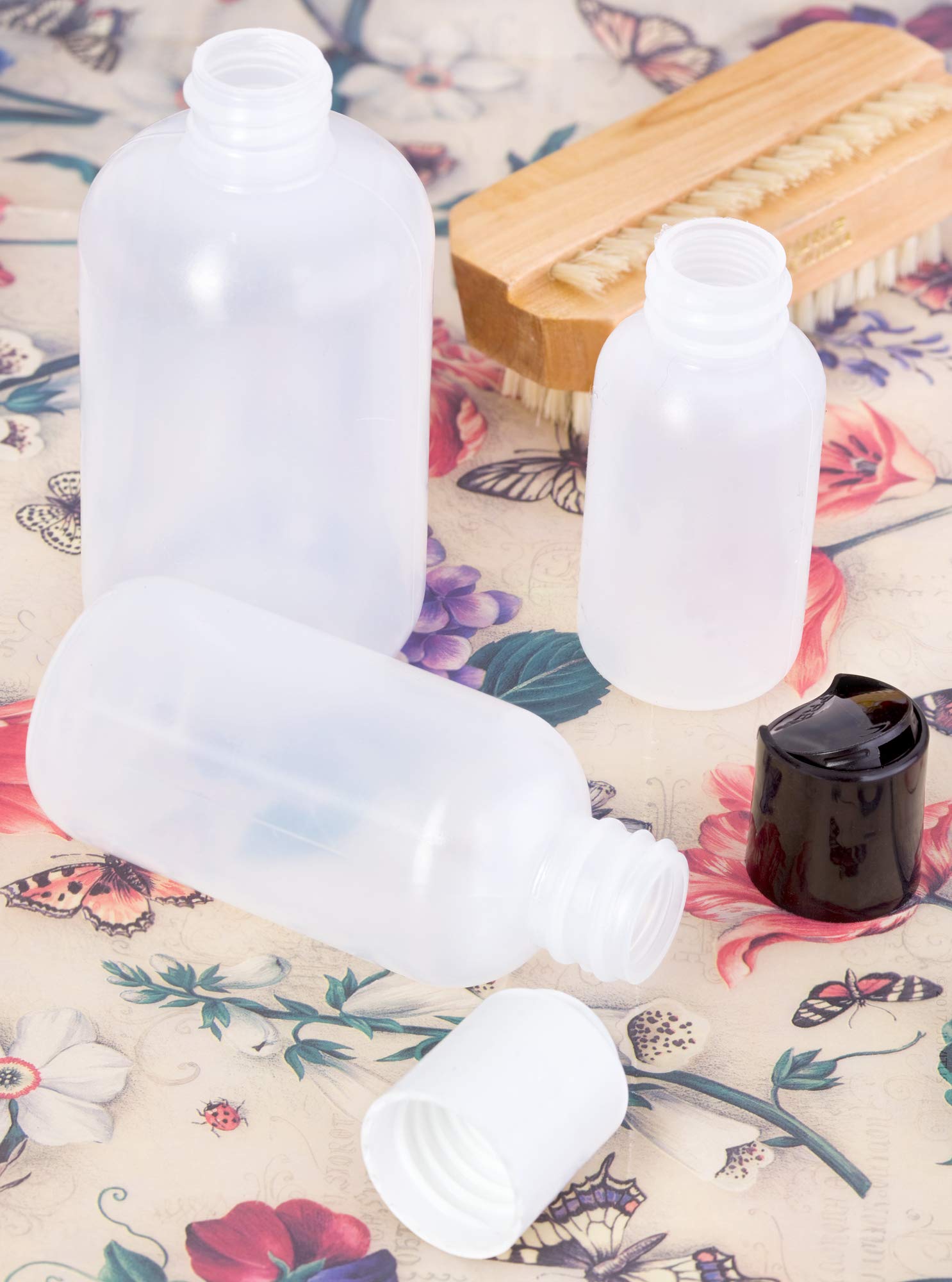 JUVITUS 2 oz Clear Natural LDPE Plastic Squeeze Bottles with White Disc Caps (6 Pack) - Leak Proof Travel Containers for Essential Oils, Lotions & DIY Cosmetics + Includes Free Funnel