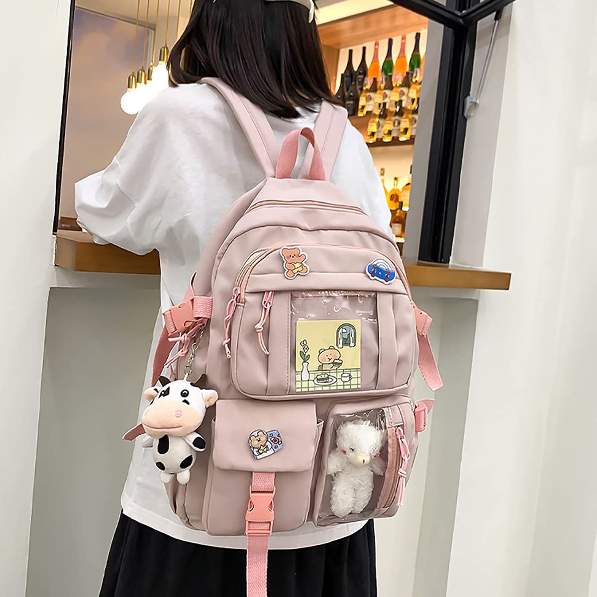 Cute Aesthetic Backpack for Women - Lightweight Travel Backpack with Kawaii Badge Pins & Keychain Pendant - Perfect for School, Work, Travel and Daily Use