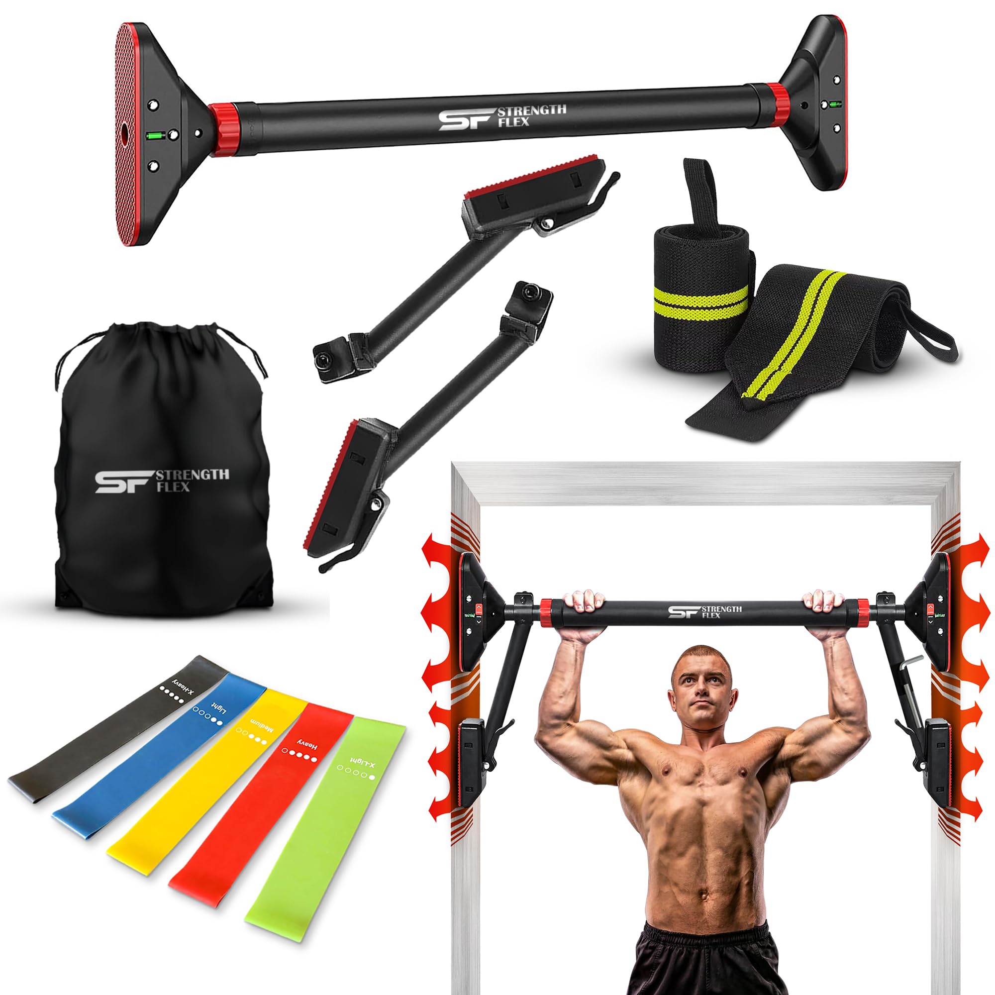 Adjustable Pull Up Bar for Doorway with Resistance Bands & Wrist Wraps - Chin Up Bar for Home Gym, Upper Body Workout Equipment - No Screw Installation (28.3
