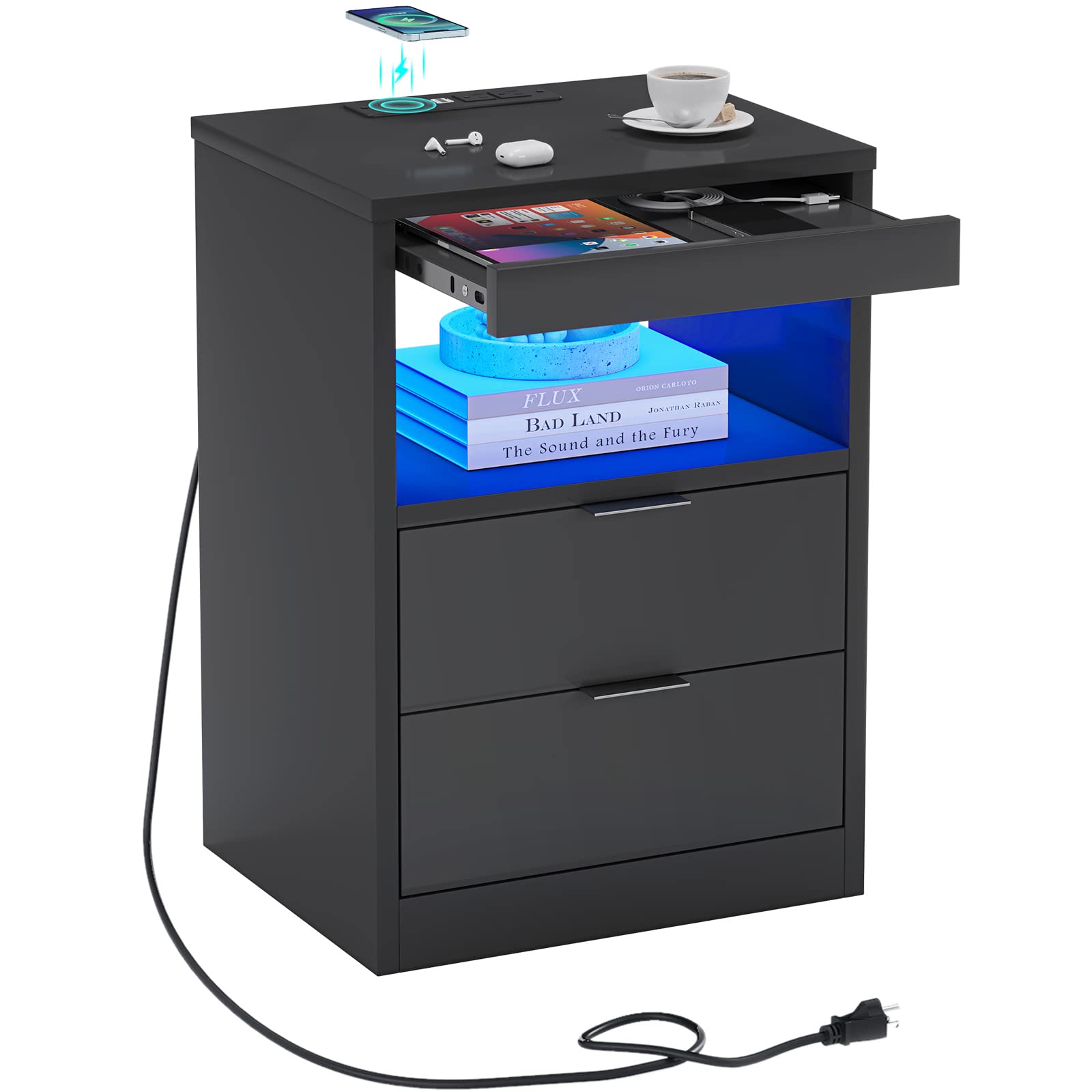 Adorneve Modern LED Nightstand with Wireless Charging - Black Wooden Bedside Table with 2 Drawers, Pull-Out Shelf & Soft Lighting | Perfect for Bedroom, Living Room & Small Spaces