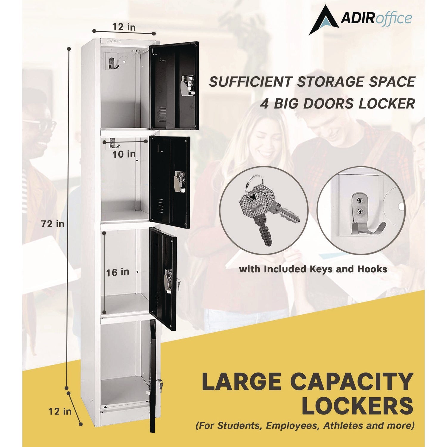 Steel Storage Locker with 4 Compartments - 12 x 12 x 72 Inches, Black - Heavy-Duty School, Gym & Office Locker for Secure Storage