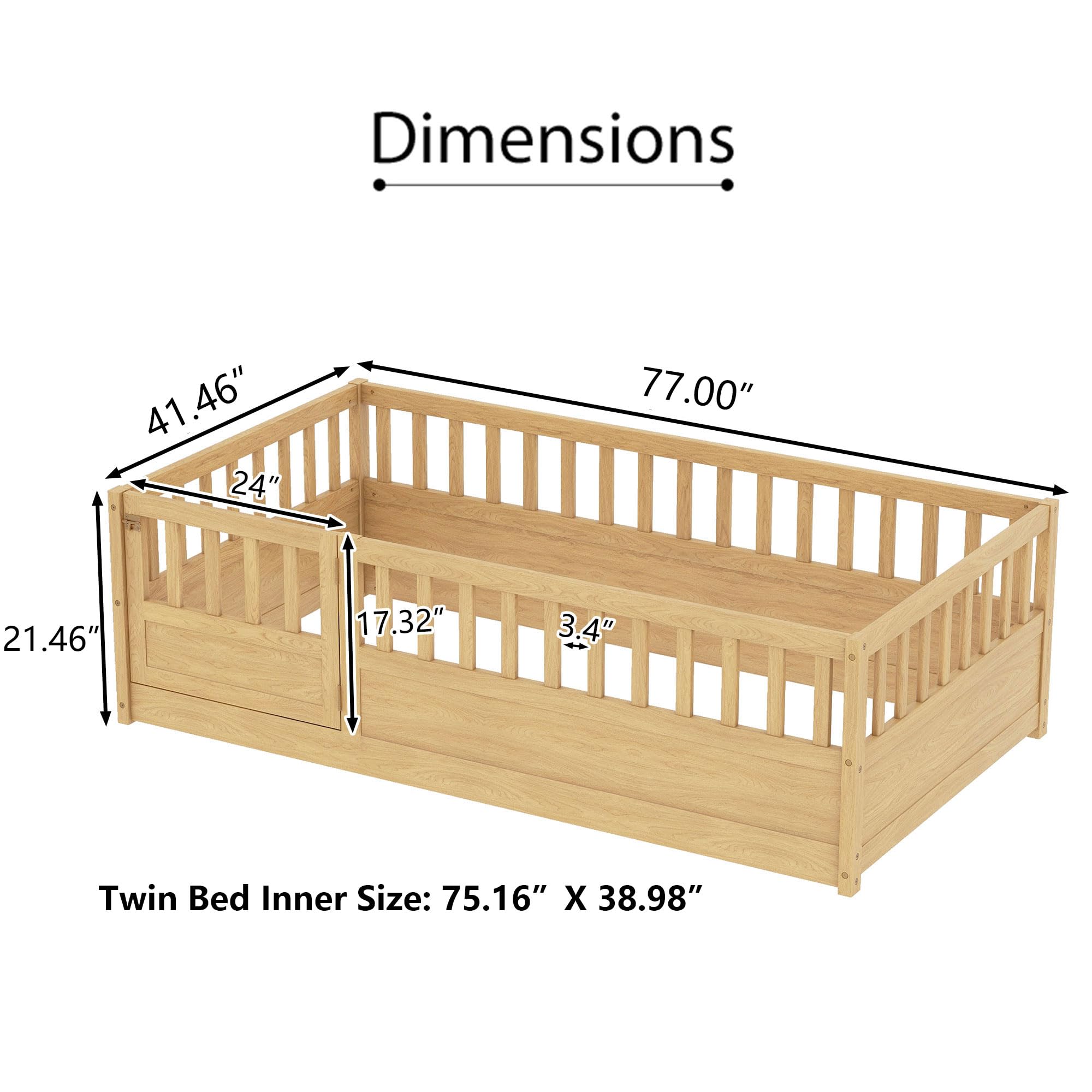 Montessori Twin Floor Bed for Kids - Wooden Low Bed with High Safety Fence & Door - Natural Wood Toddler Bed for Boys & Girls - Perfect for Bedroom, Playroom & Montessori Learning Spaces