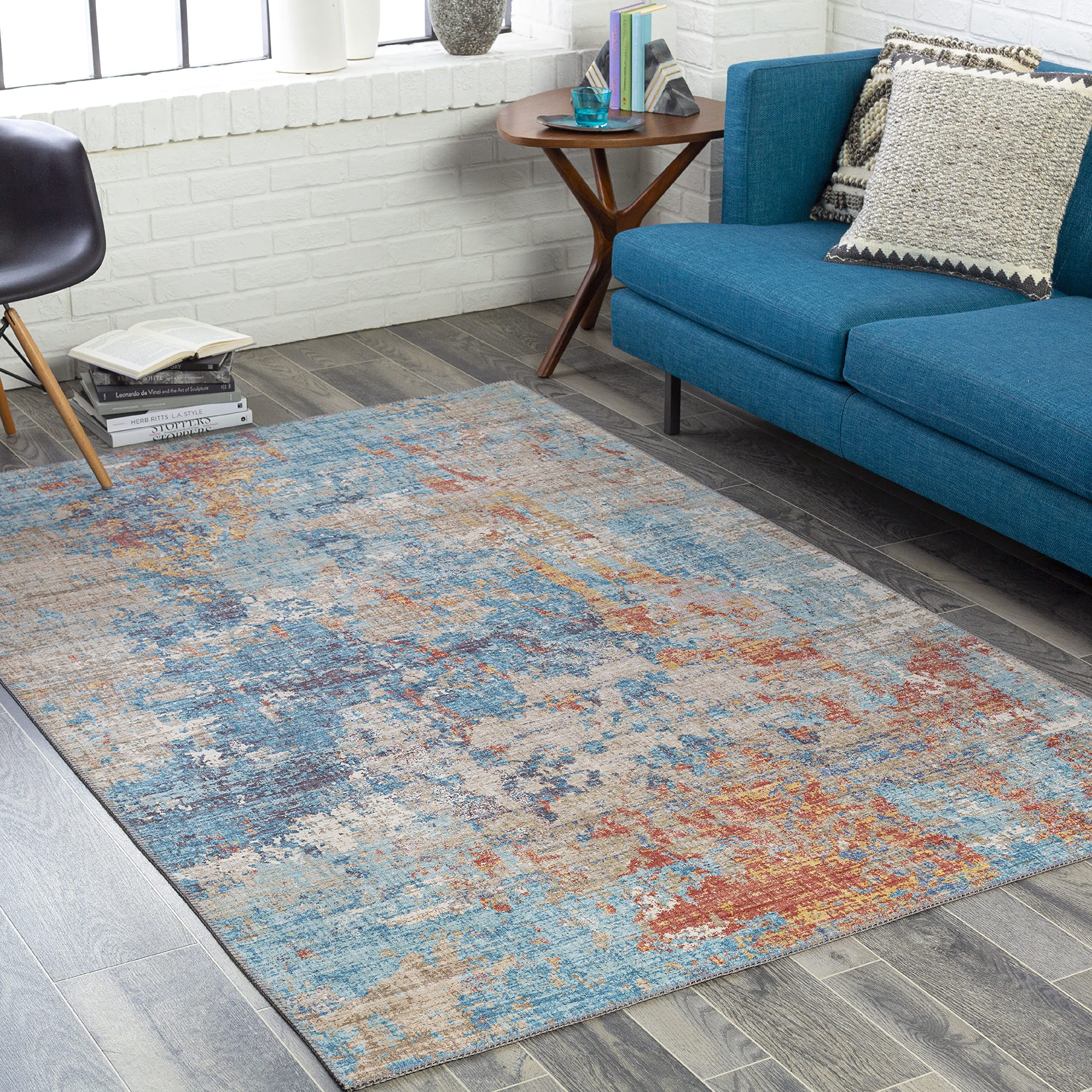 Mark&Day 9x12 Modern Teal Area Rug - Blue Orange Grey Non-Slip Carpet for Living Room, Bedroom, Kitchen | Soft & Durable Indoor Rug for Home Decor (9' x 12') | Perfect for Cozy Spaces & High Traffic Areas