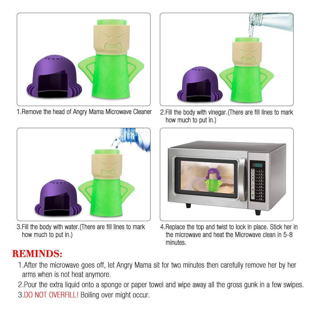 Angry Mama Microwave Cleaner - Steam Cleaner & Disinfectant for Kitchen, Uses Vinegar & Water to Remove Grease & Odors in Minutes | Green Microwave Steamer | Perfect for Deep Cleaning & Sanitizing Ovens