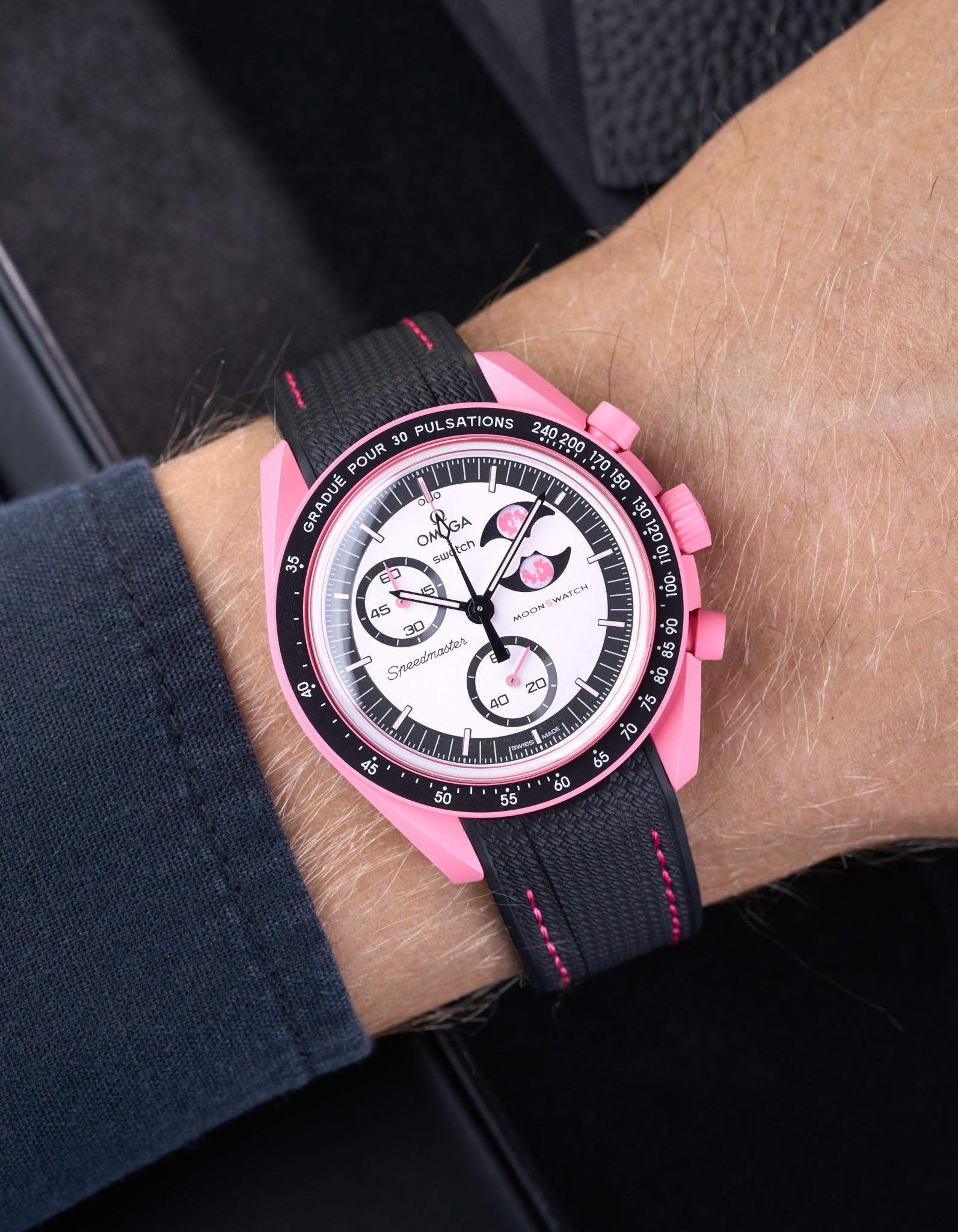 Curved Vertech Rubber Watch Strap - Black with Pink Stitches | Durable & Comfortable Wristband for Sports, Outdoor & Everyday Wear