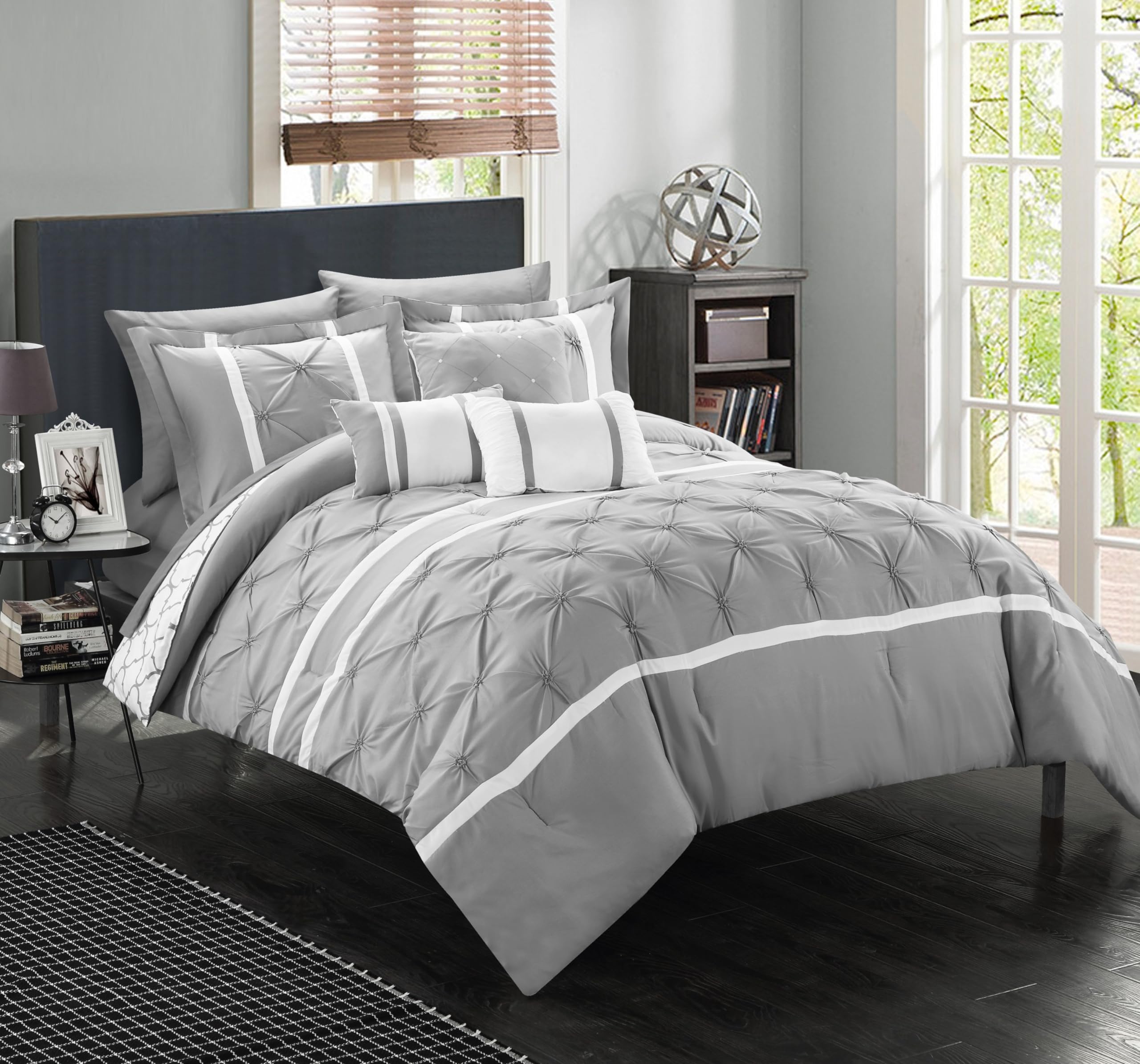 Stylish Dorothy 10-Piece Queen Size Comforter Set in Grey - Perfect for Master Bedroom, Guest Room & Cozy Home Decor