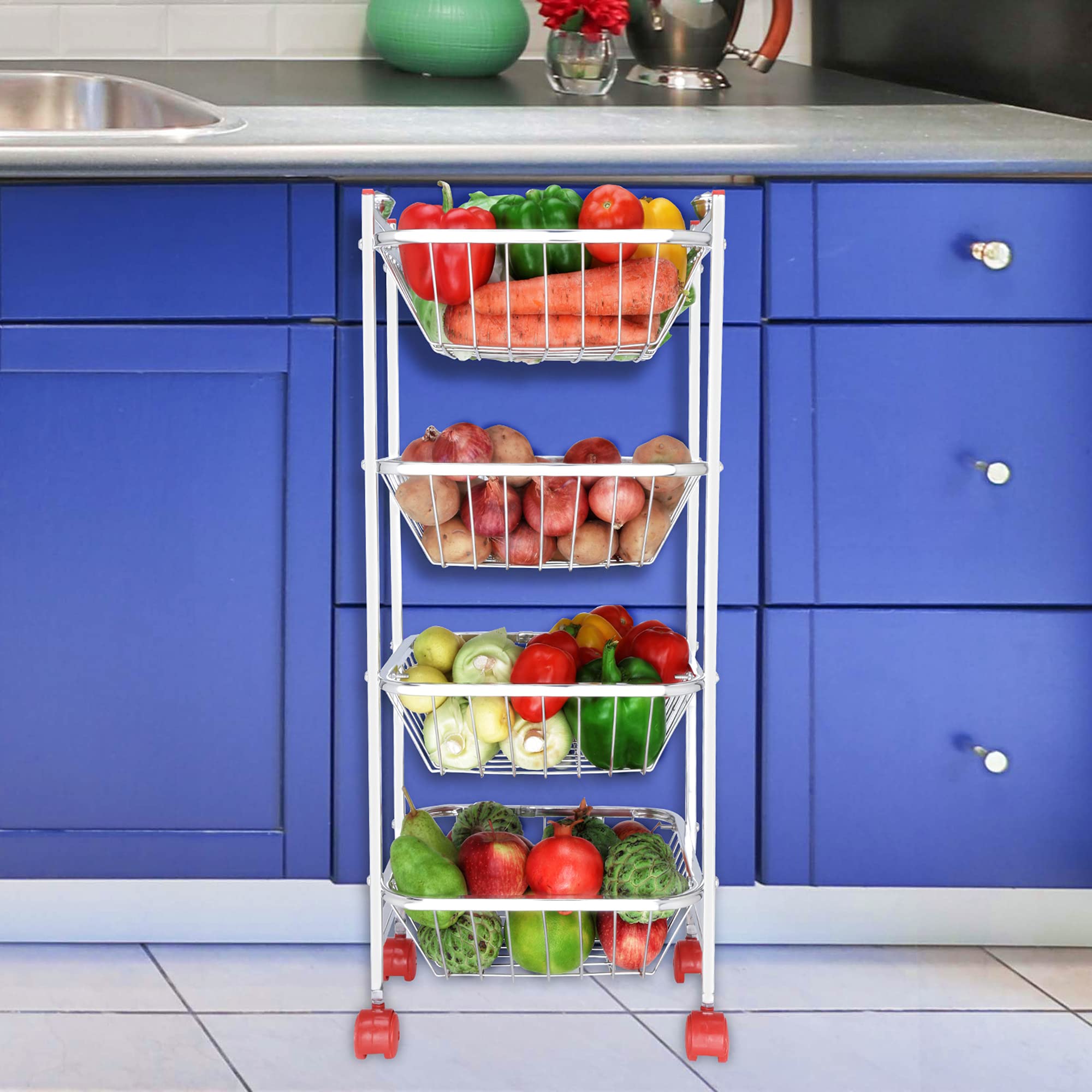 LiMETRO 4-Tier Stainless Steel Kitchen Cart - Vegetable & Fruit Storage Basket Organizer for Onions, Potatoes, Pantry - Space Saving Rolling Trolley for Kitchen, Dining Room, Supermarket, Restaurant